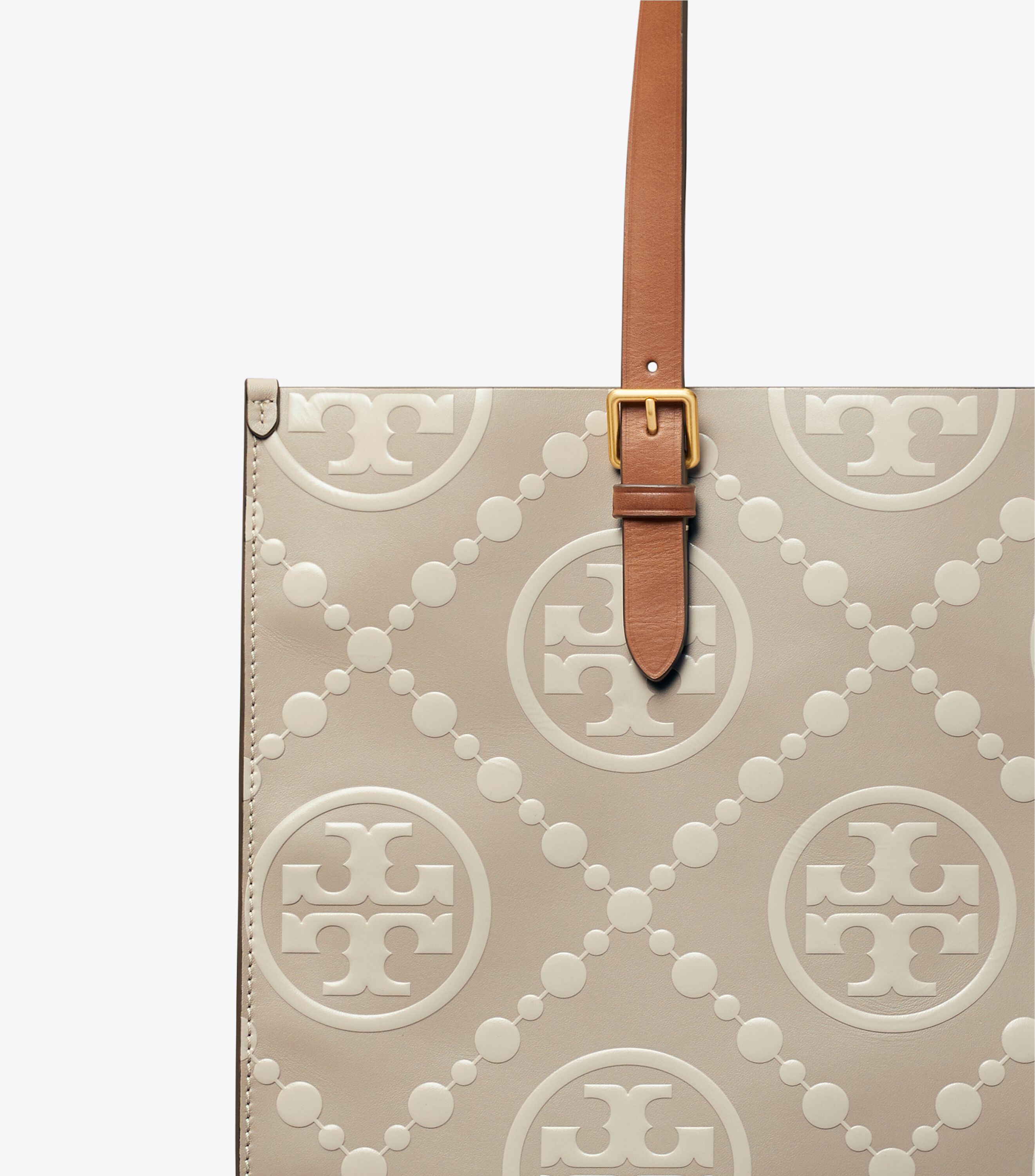 T Monogram Contrast Embossed Tote, Longan / New Cream | Tory