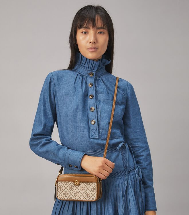 Tory Burch T Monogram Leather Double Zip Mini Bag in Blue