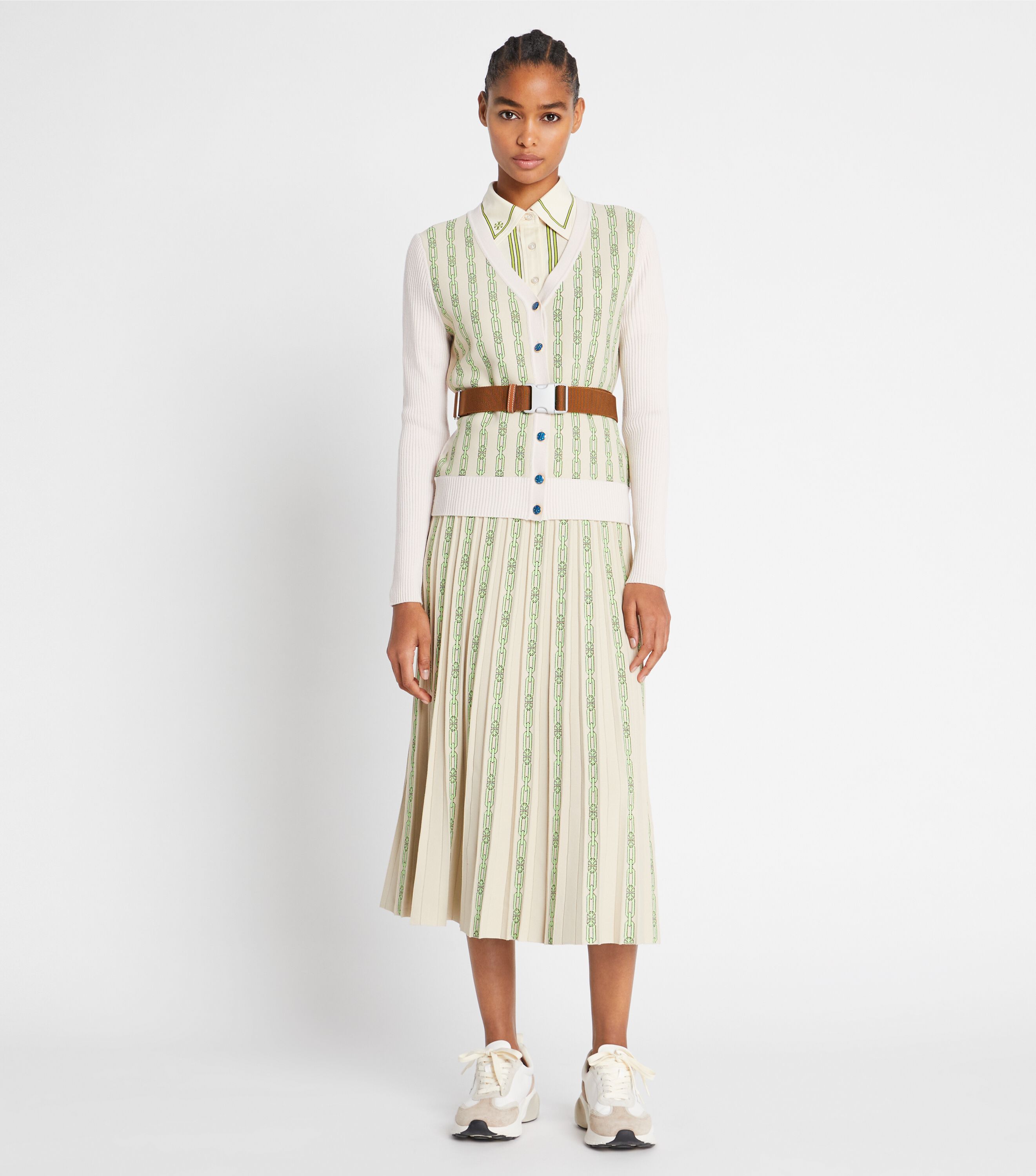 Pleated Jacquard Tech Knit Skirt, Pale Stone Chain Logo Jqd | Tory