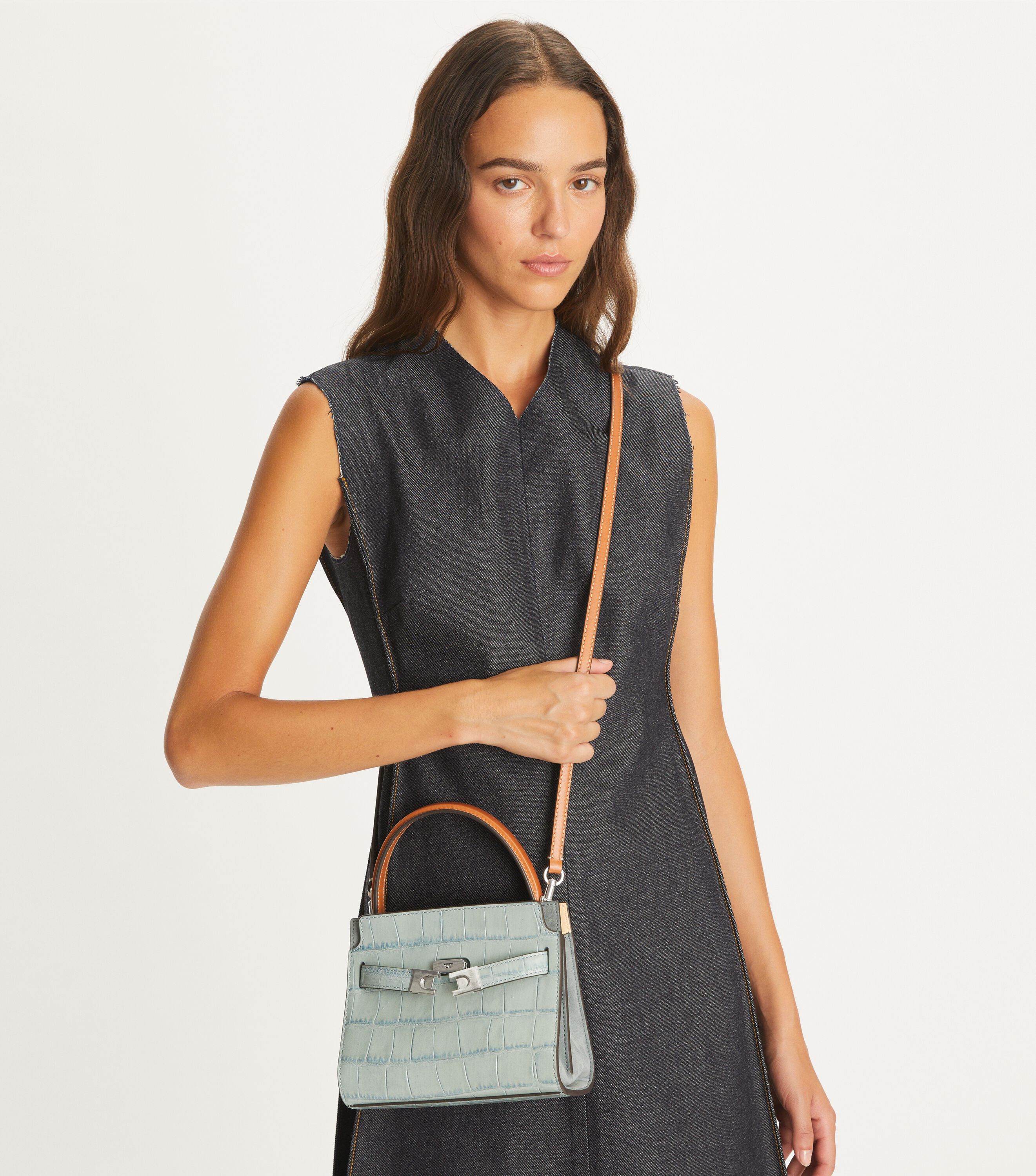 Petite Lee Radziwill Croc-Embossed Double Bag, Blue Celadon | Tory