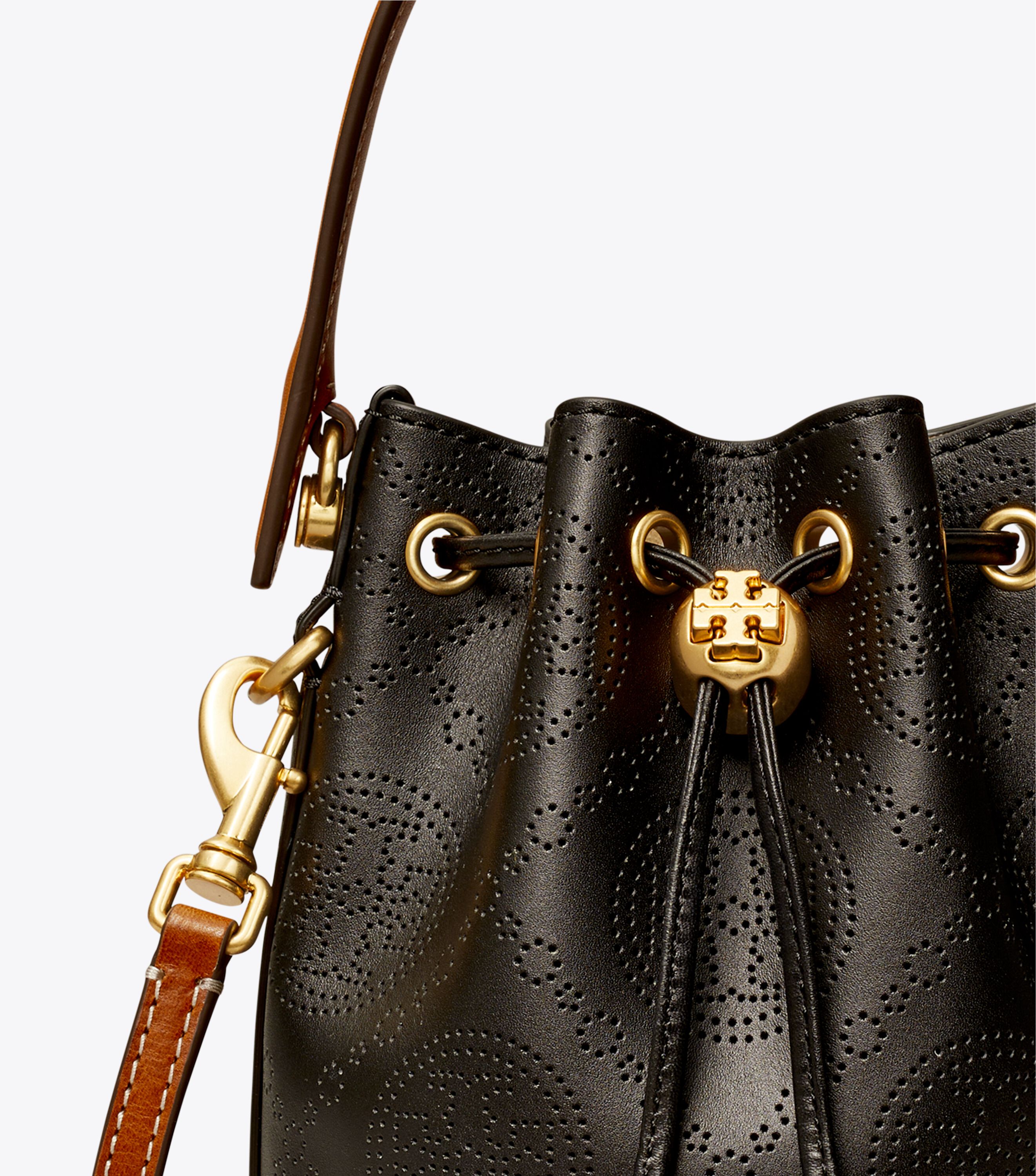 Mini T Monogram Perforated Leather Bucket Bag, Black | Tory Burch KSA