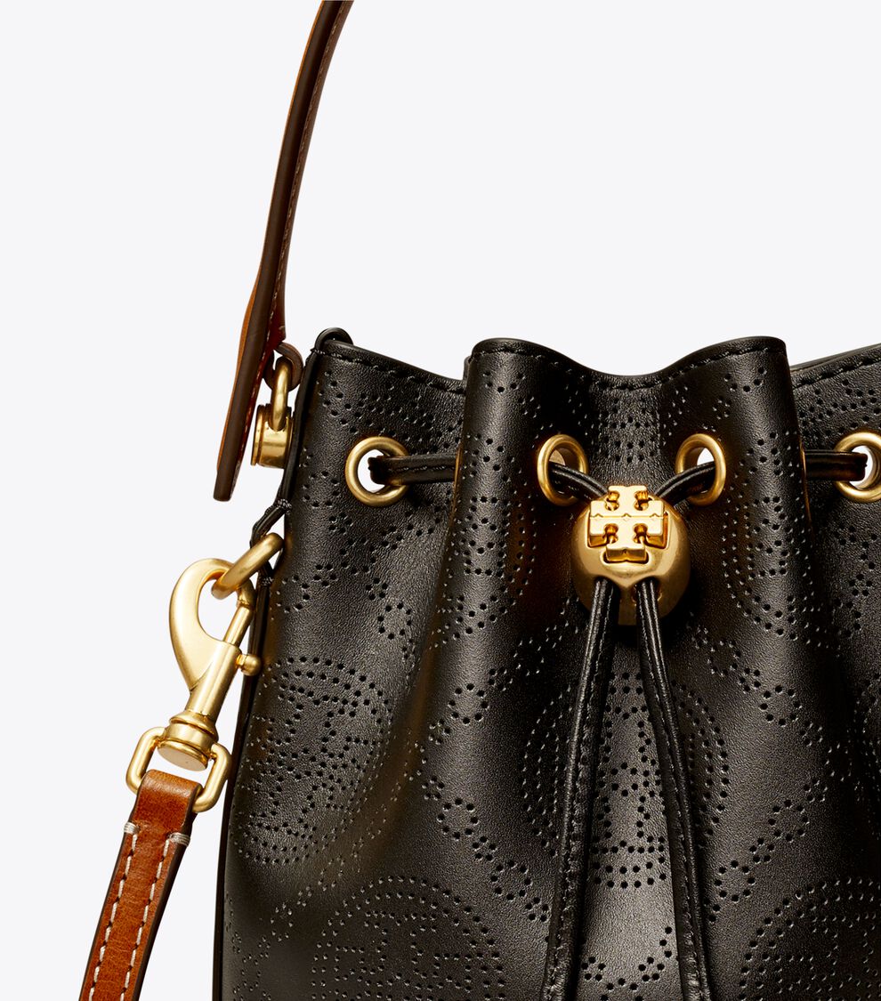 Mini T Monogram Perforated Leather Bucket Bag, Black | Tory Burch KSA