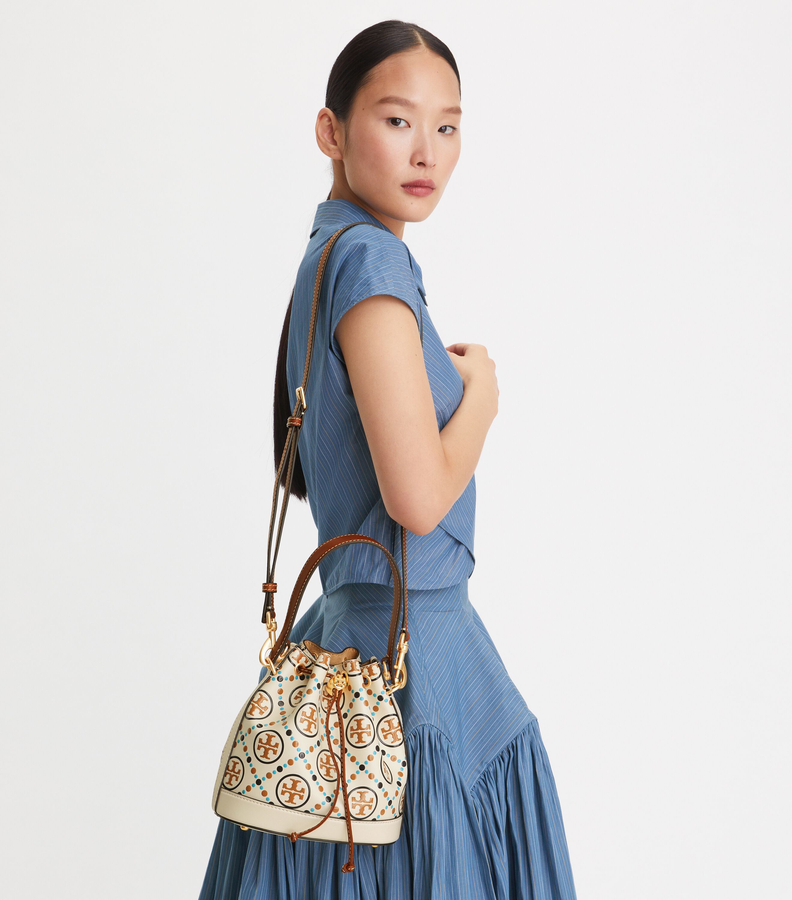 T Monogram Contrast Embossed Bucket Bag
