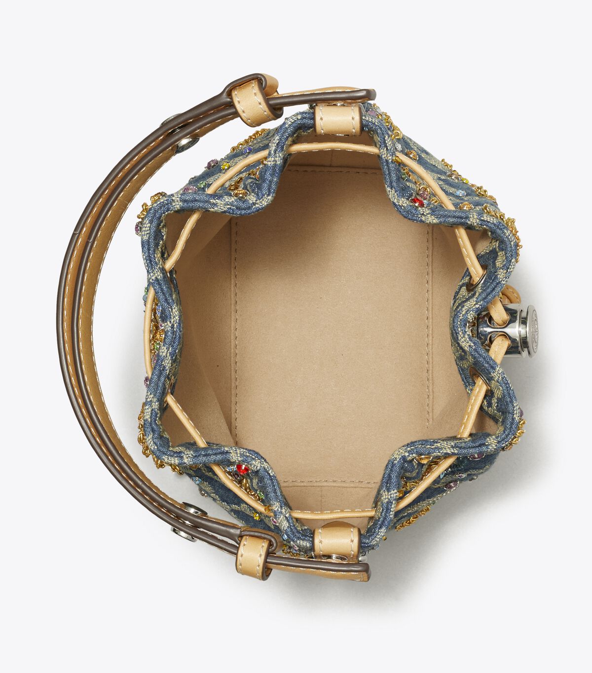 tory burch t monogram denim embellished mini bucket bag