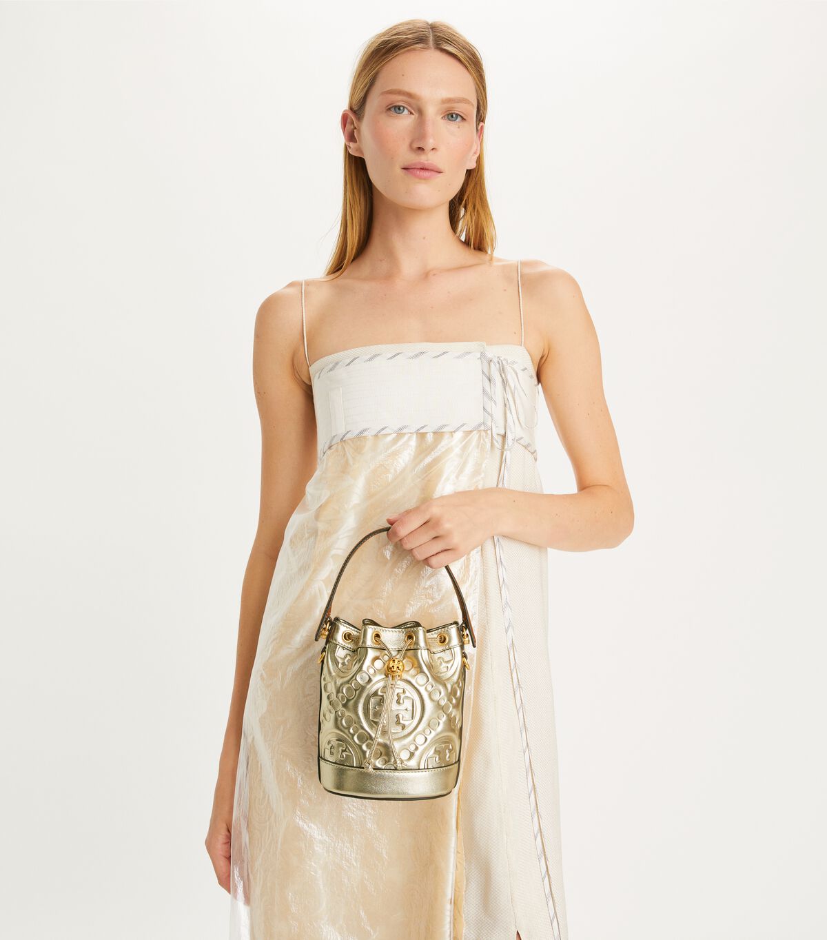 tory burch t monogram embossed metallic mini bucket bag