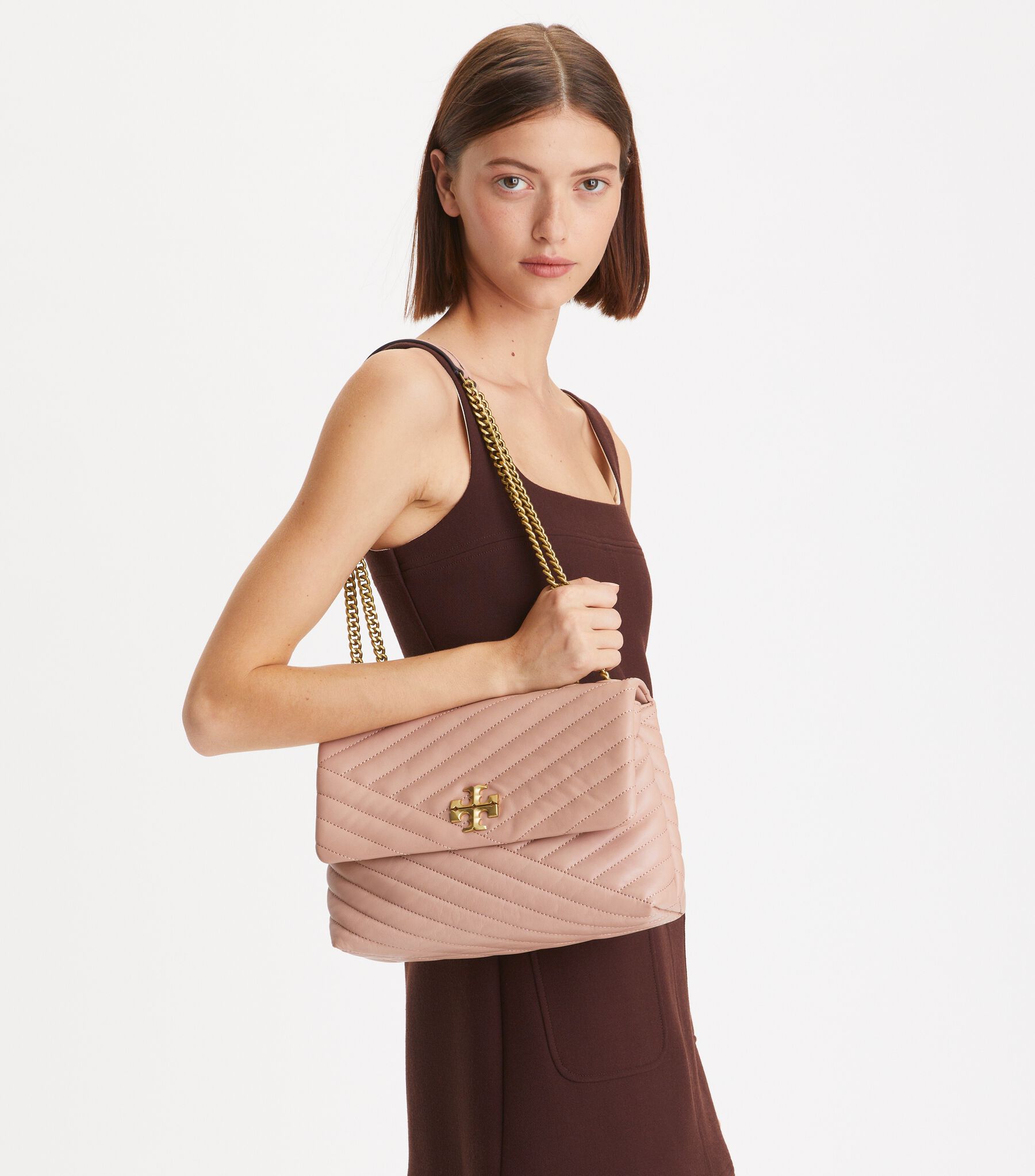 Kira Chevron Convertible Shoulder Bag, Devon Sand Tory Burch KSA