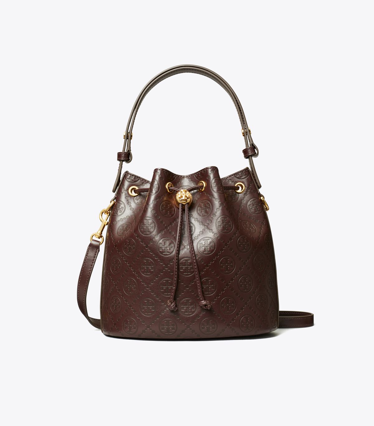 tory burch t monogram leather bucket bag