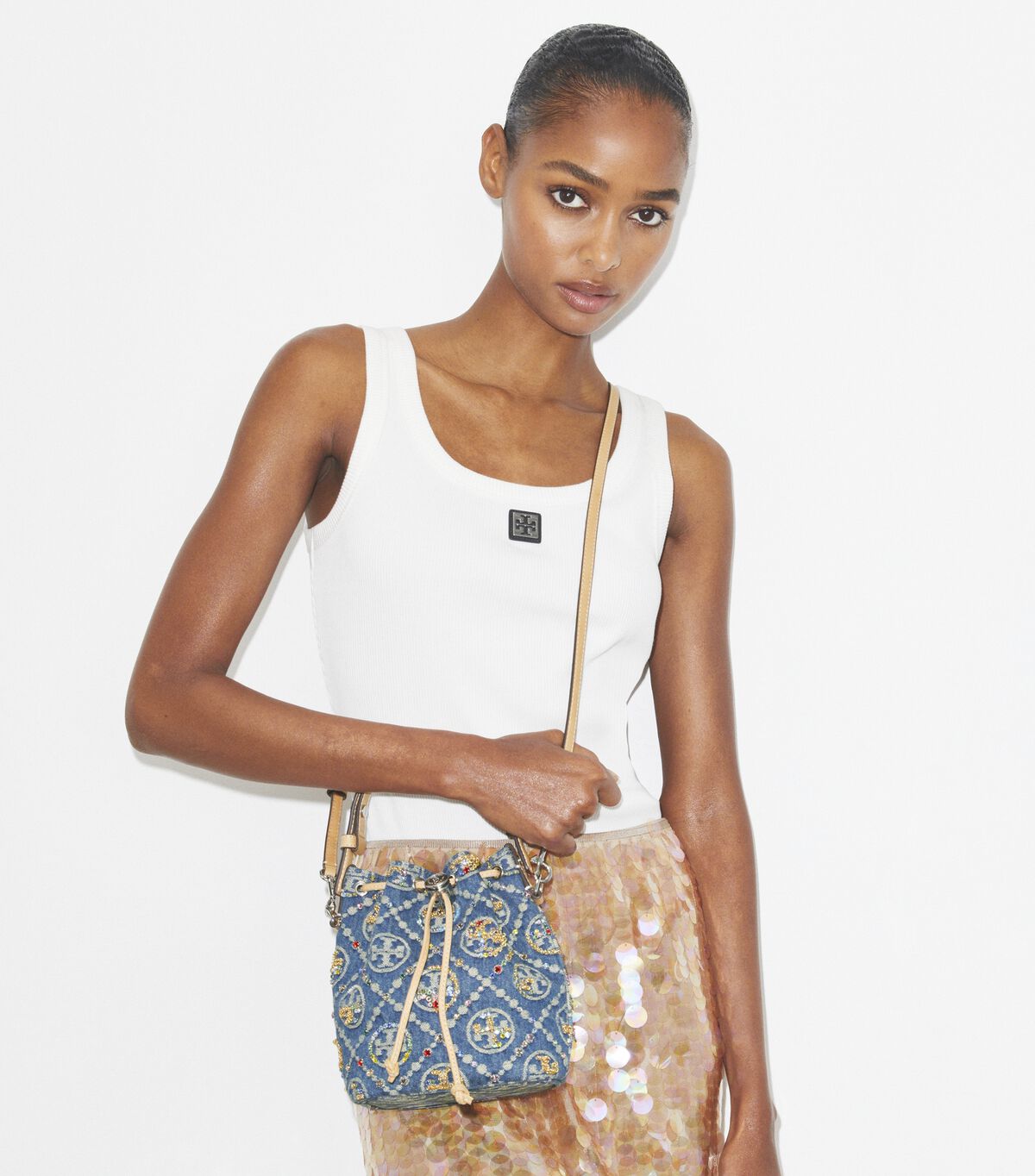 tory burch t monogram denim embellished mini bucket bag