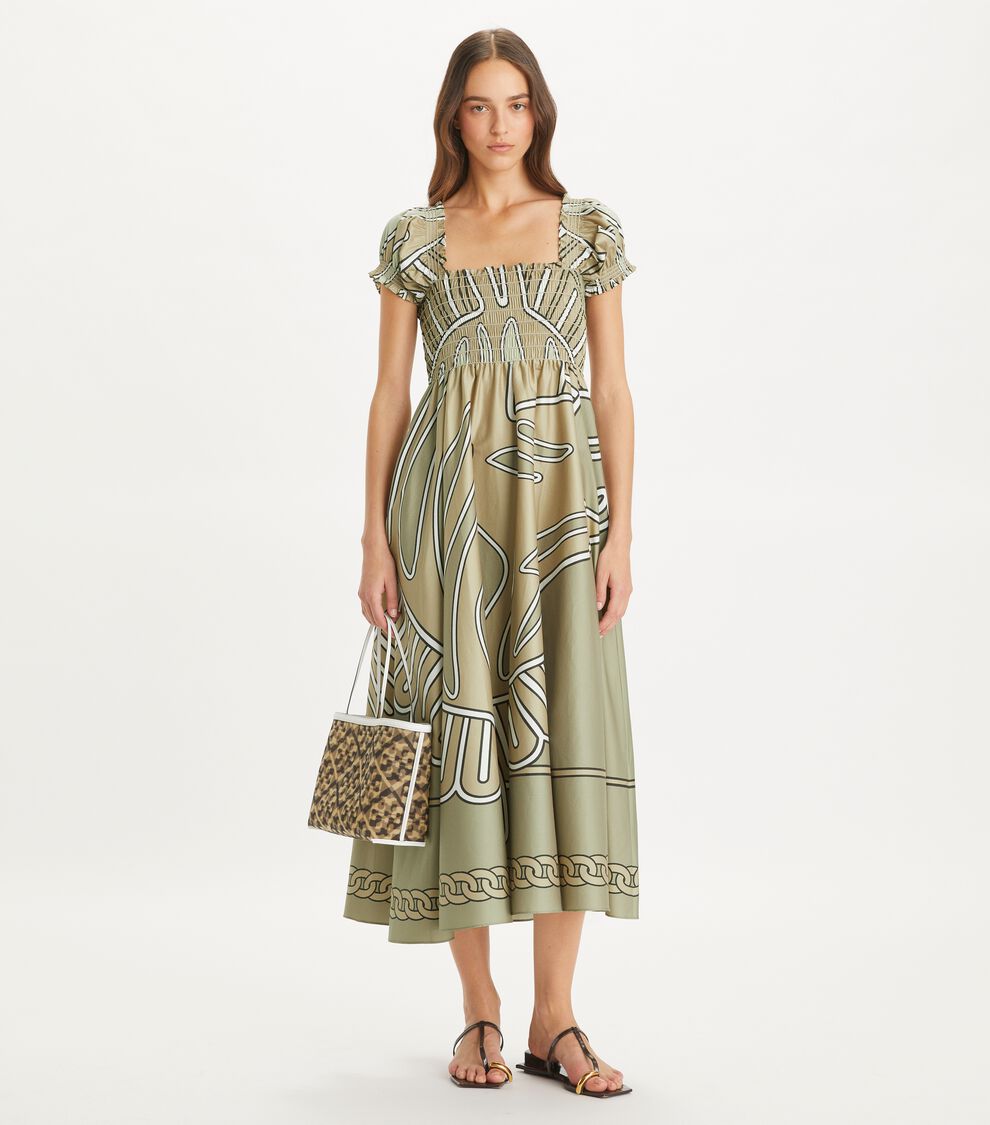 Print Smocked Cotton Dress, Khaki Zebra Scarf | Tory Burch KSA