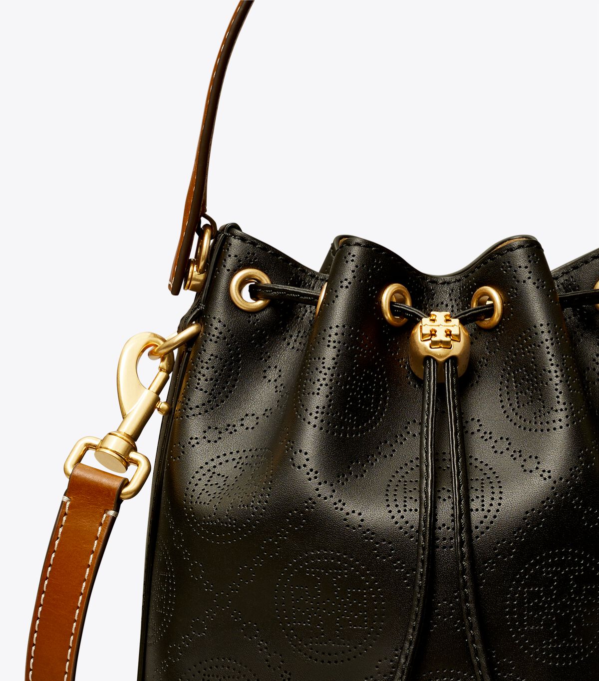 tory burch t monogram perforated bucket bag