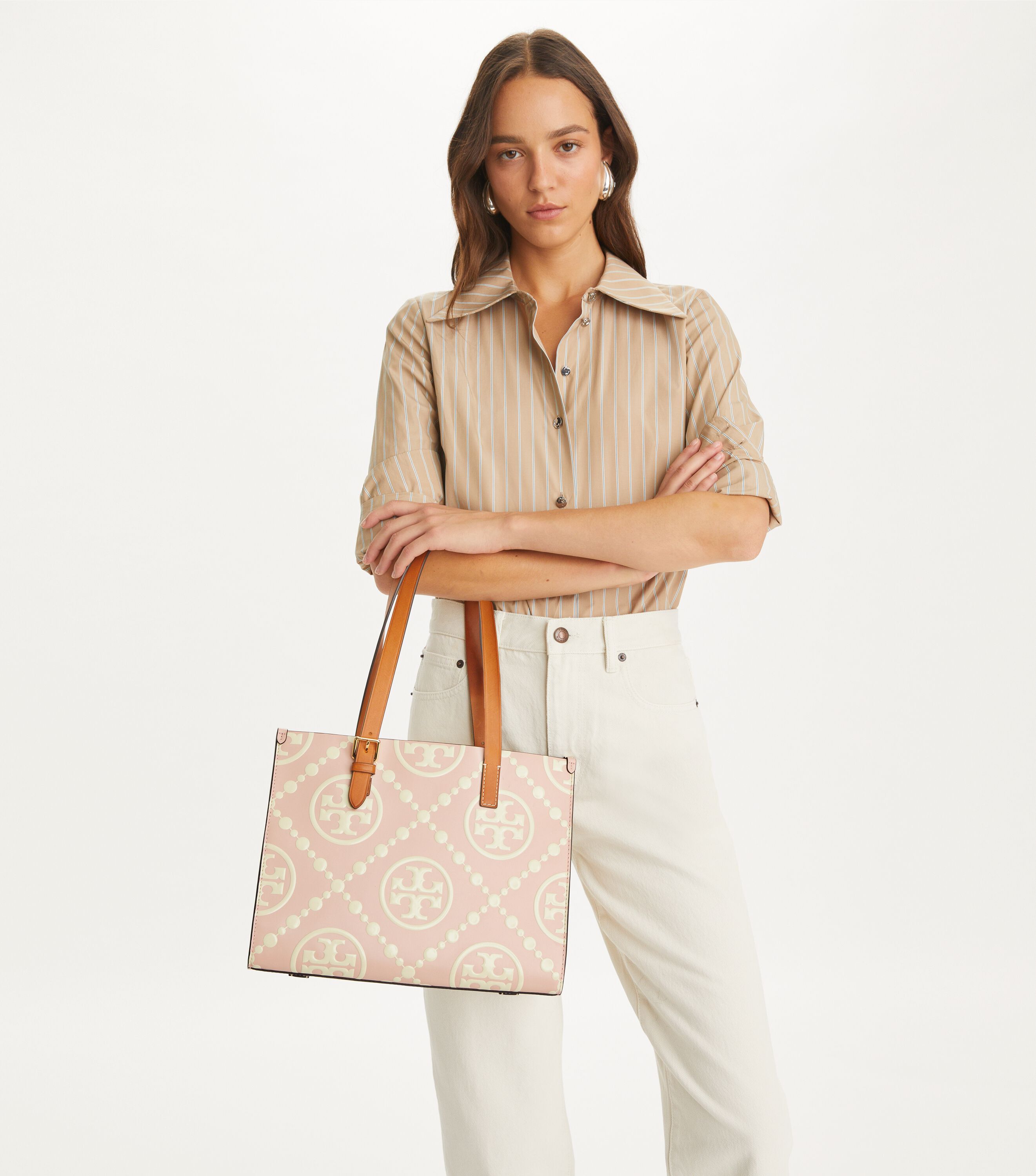 Small T Monogram Contrast Embossed Tote