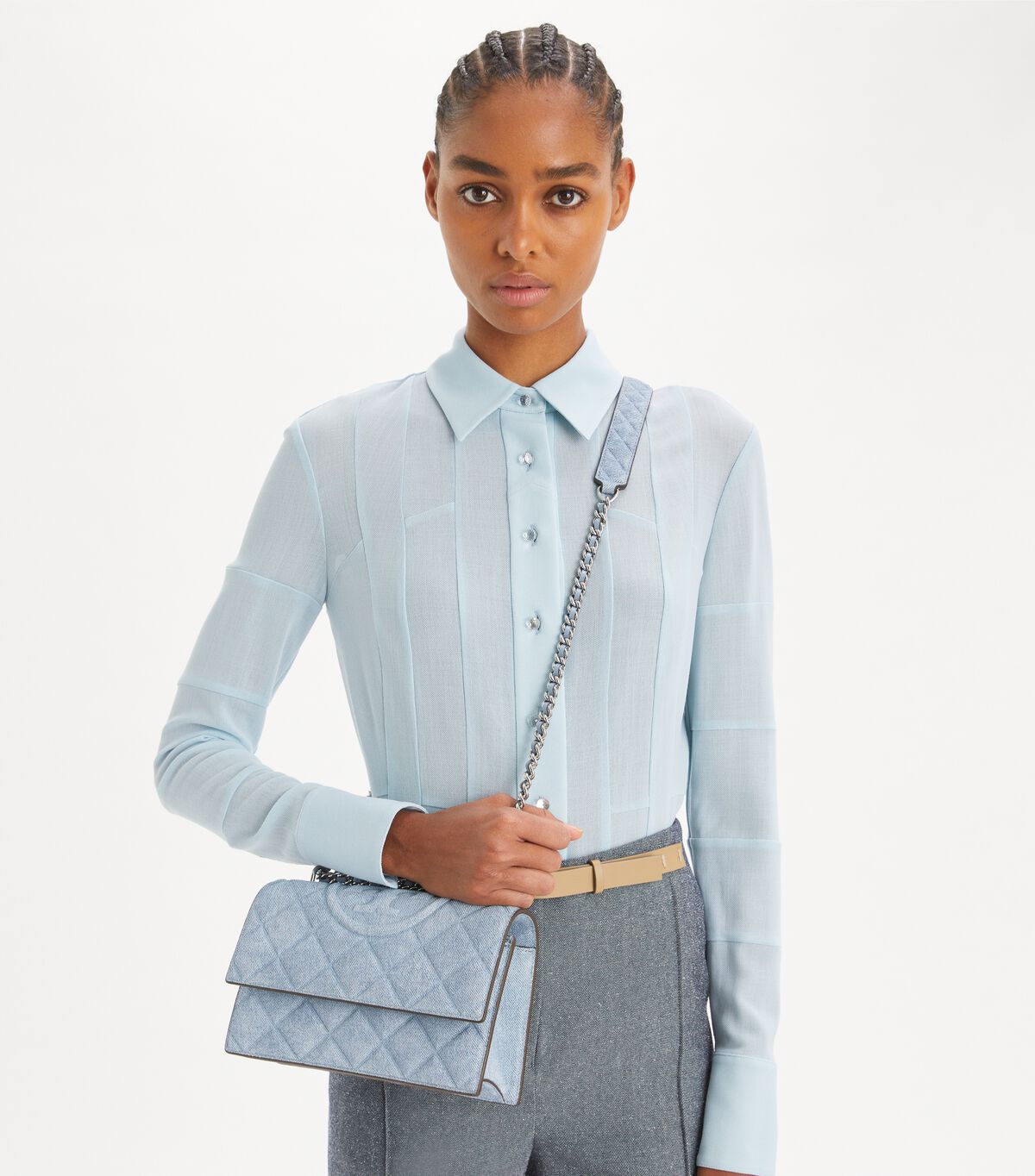 tory burch small fleming denim print suede shoulder bag