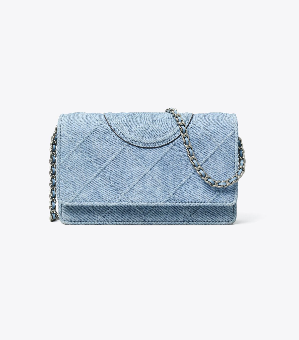 tory burch fleming denim print suede chain wallet