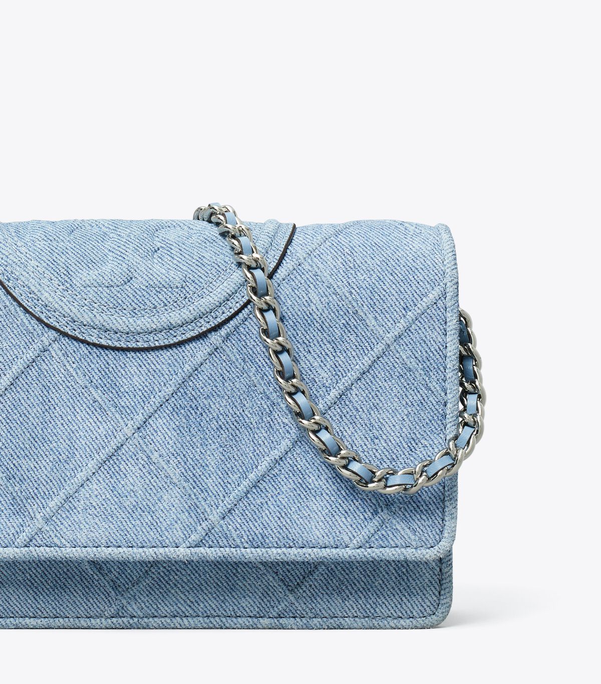 tory burch fleming denim print suede chain wallet