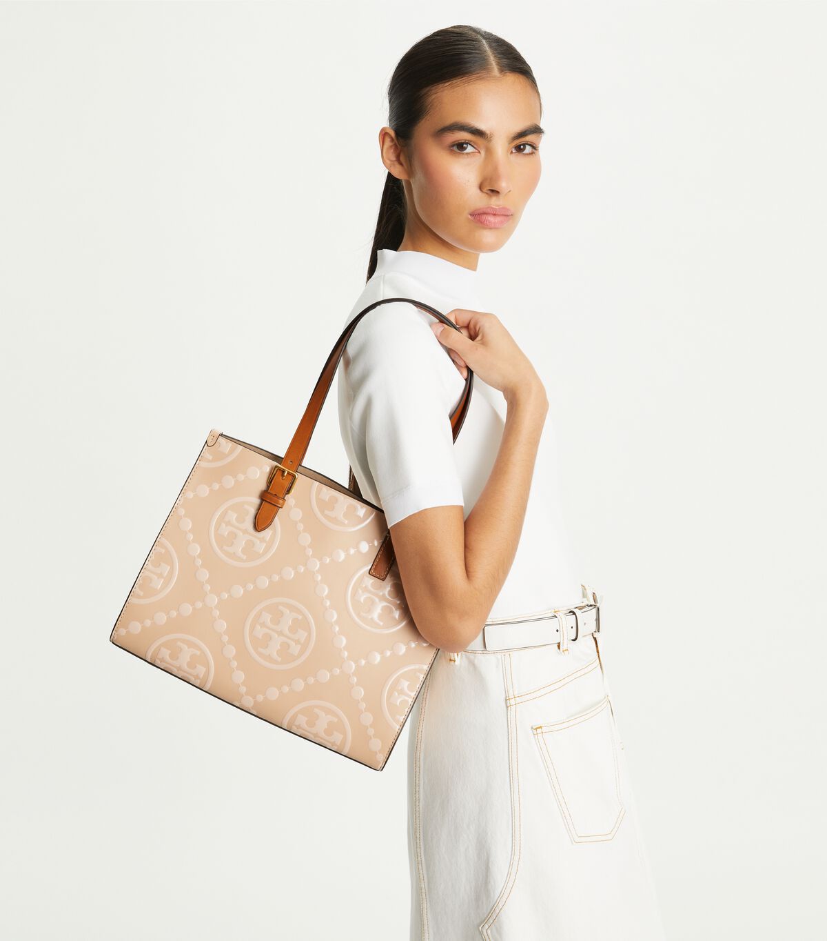 tory burch small t monogram contrast embossed tote