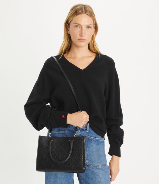 tory burch t monogram top handle embossed tote