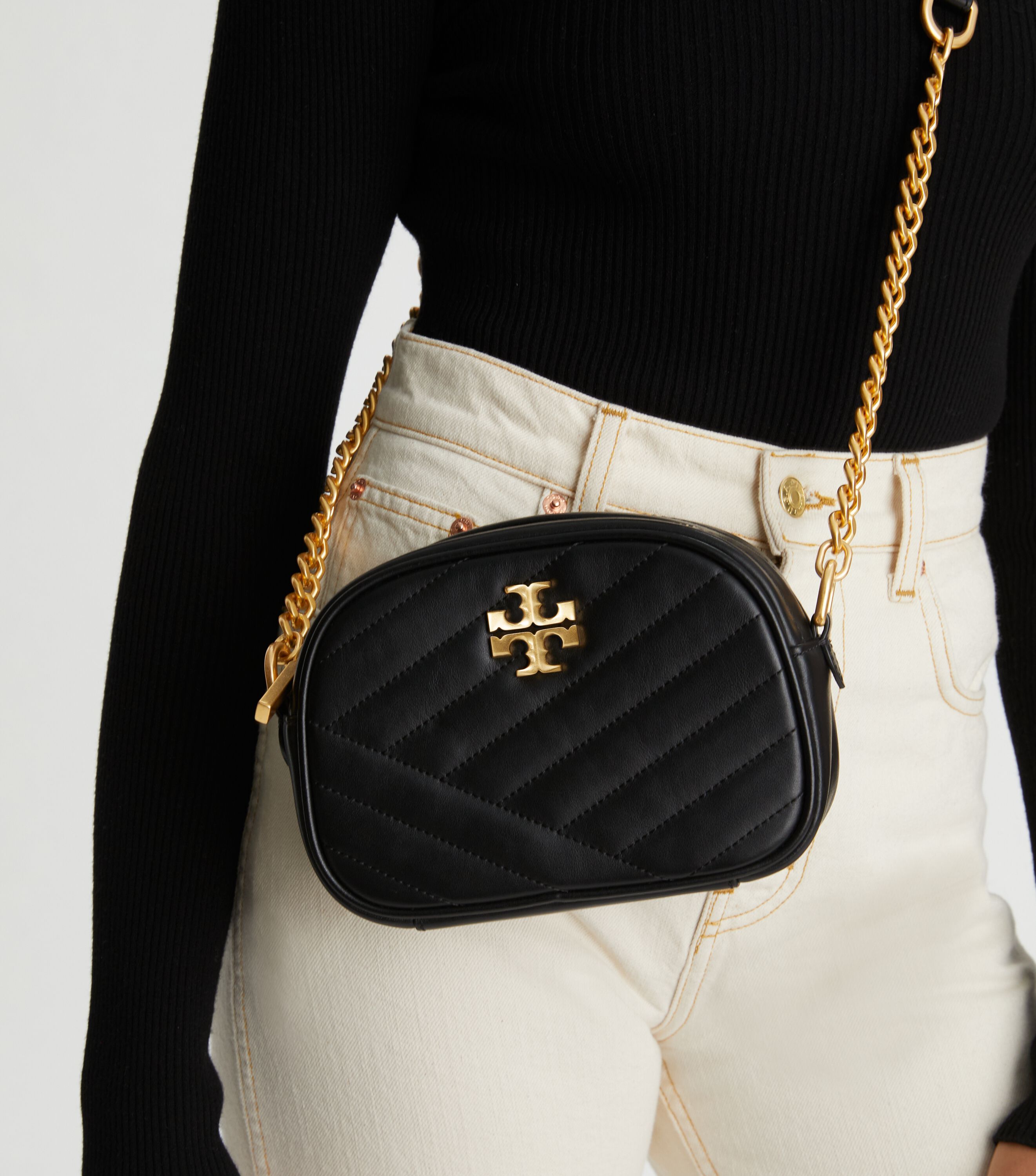 Kira Chevron Small Camera Bag, Black / Rolled Brass | Tory Burch KSA