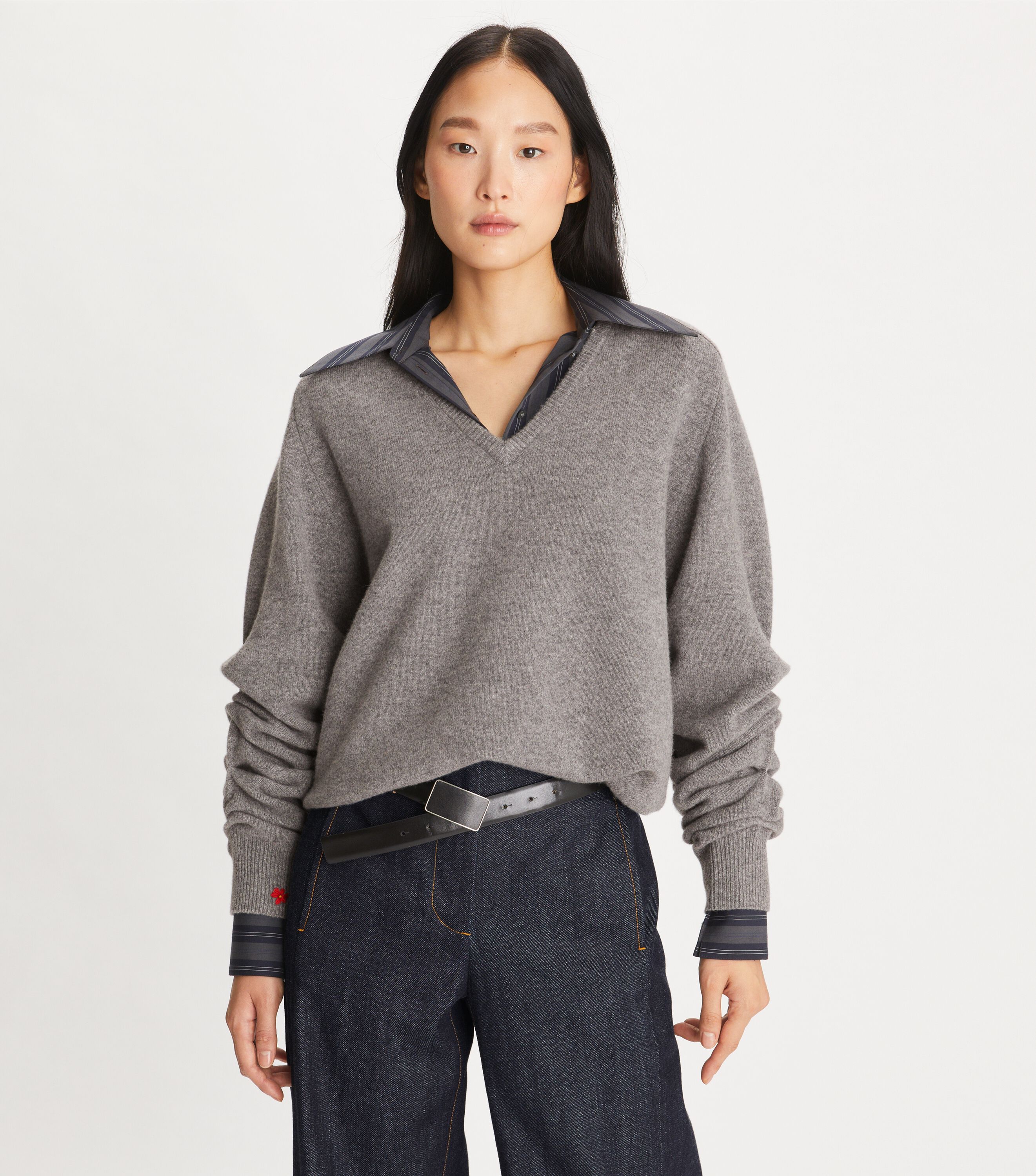Wool V-Neck Sweater, Nickel Gray Heather | Tory Burch KSA