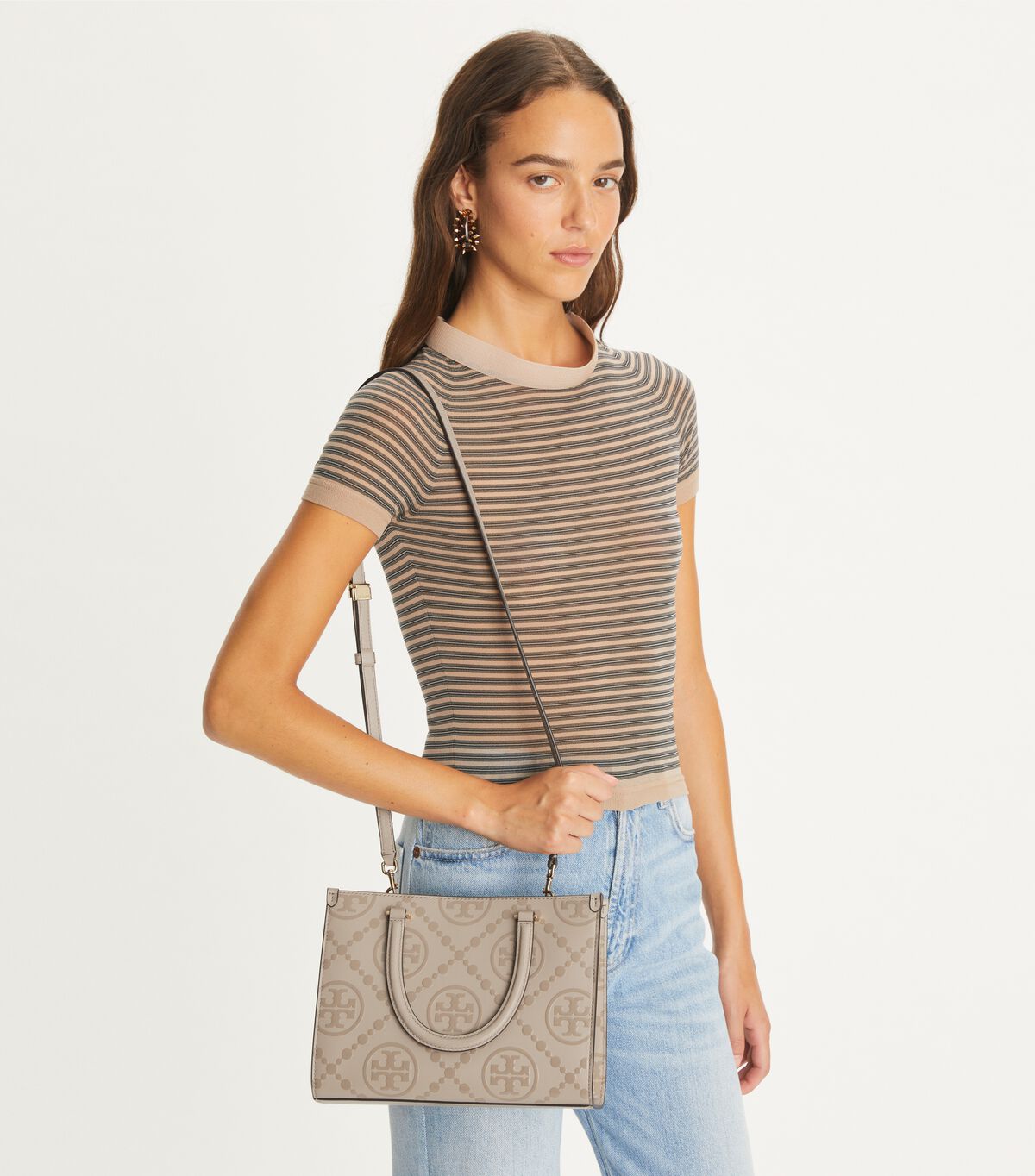 tory burch t monogram top handle embossed tote