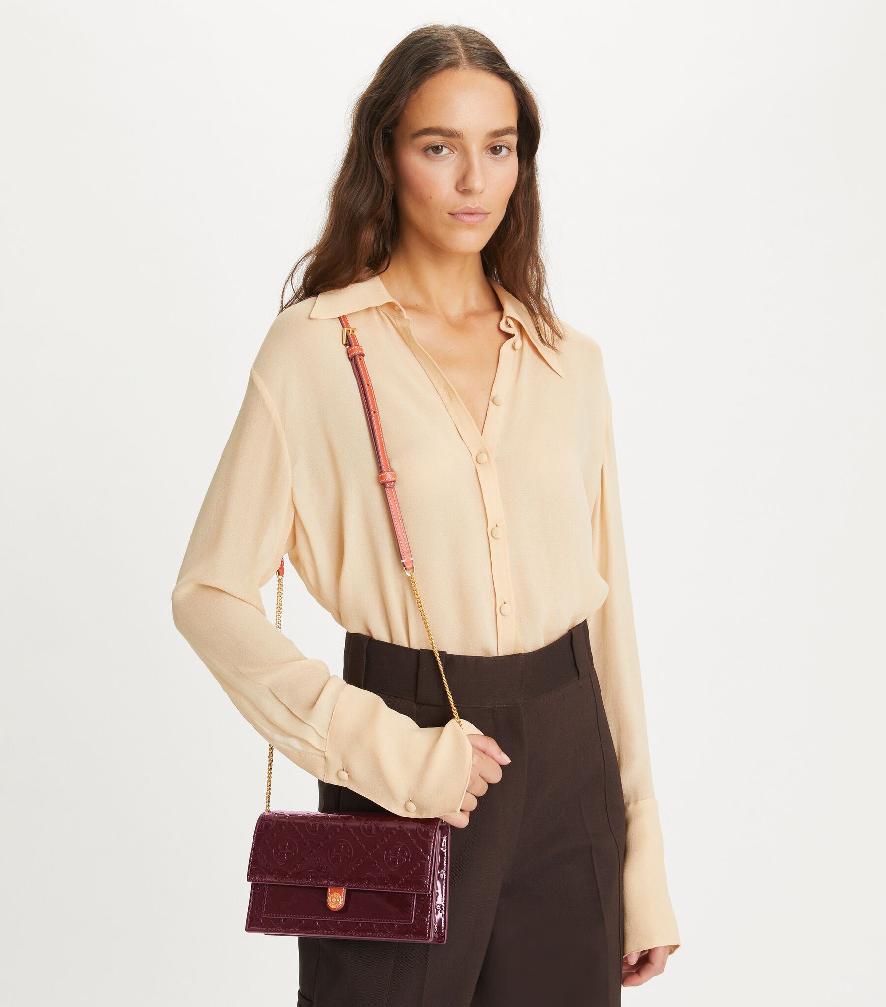 T Monogram Patent Embossed Chain Wallet, Deep Maroon Tory Burch KSA