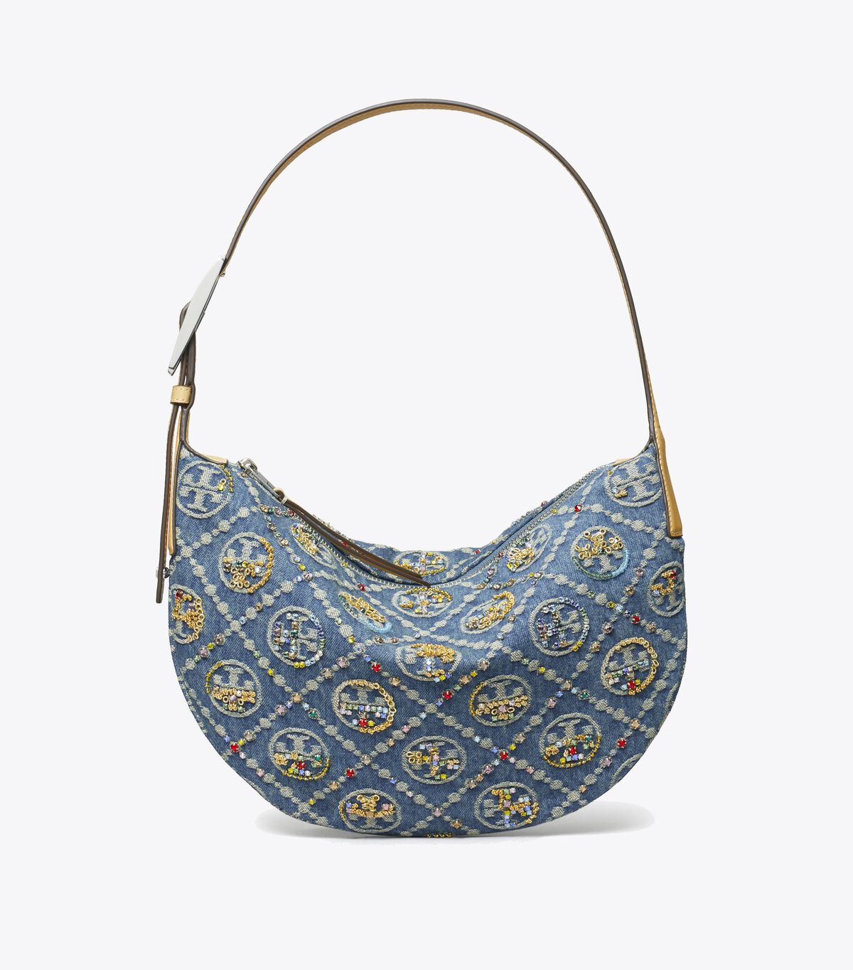 tory burch t monogram denim embellished small balloon bag