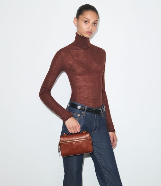 tory burch romy snake embossed slim top handle