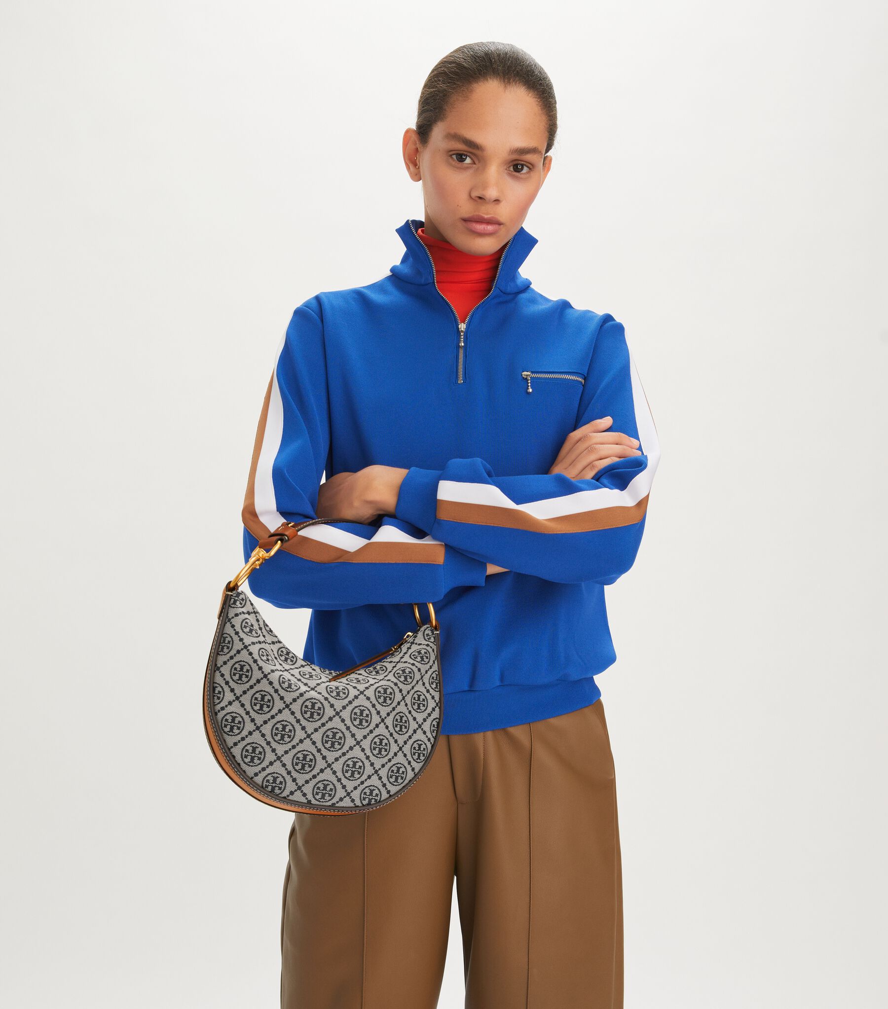 T Monogram Jacquard Mini Crescent Bag, Tory Navy | Tory Burch KSA