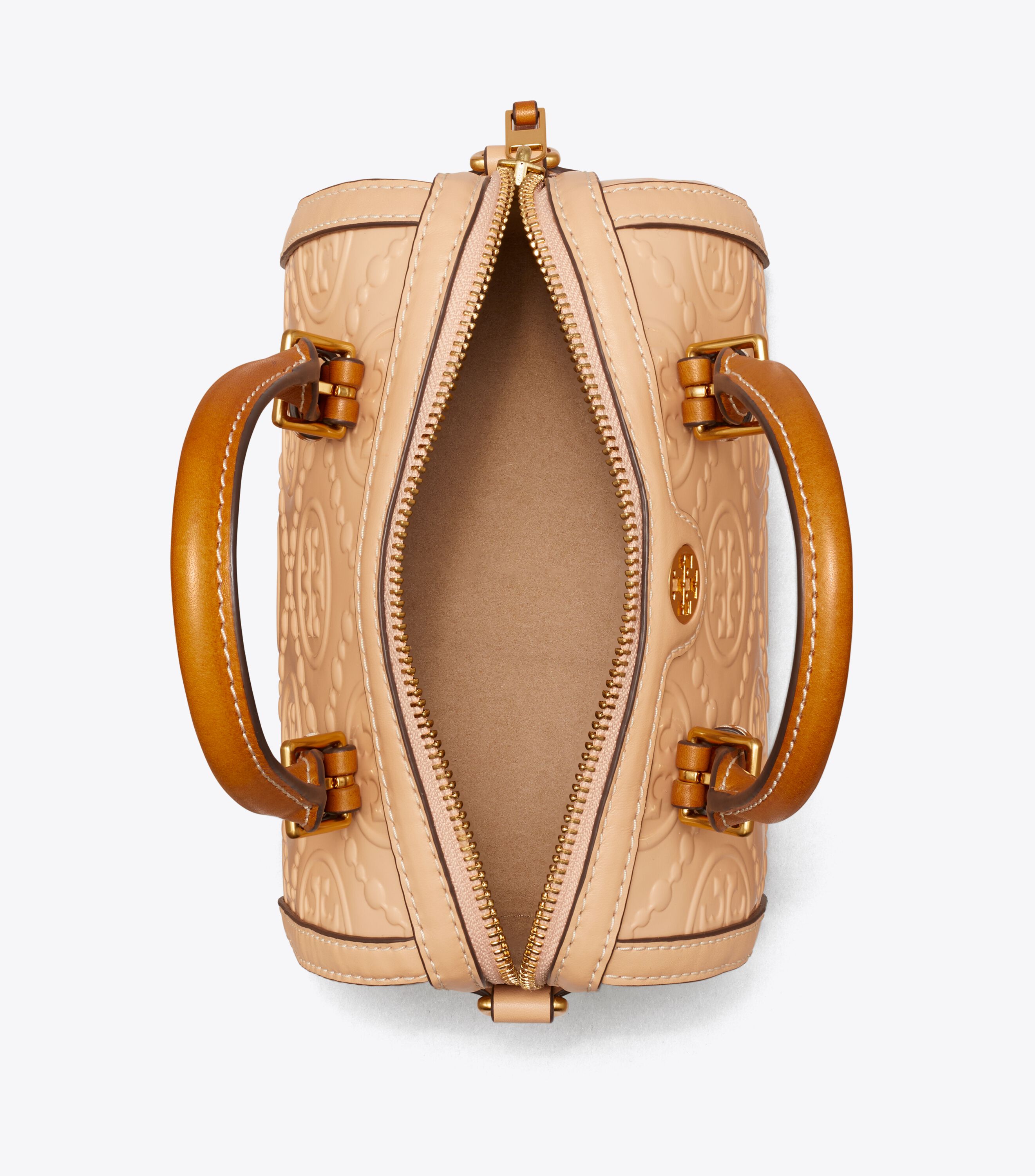 T Monogram Patent Embossed Petite Barrel Bag