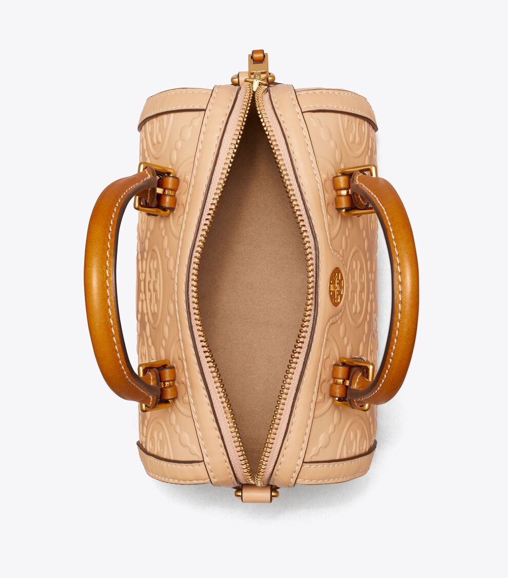 T Monogram Patent Embossed Petite Barrel Bag, Warm Chai Tory