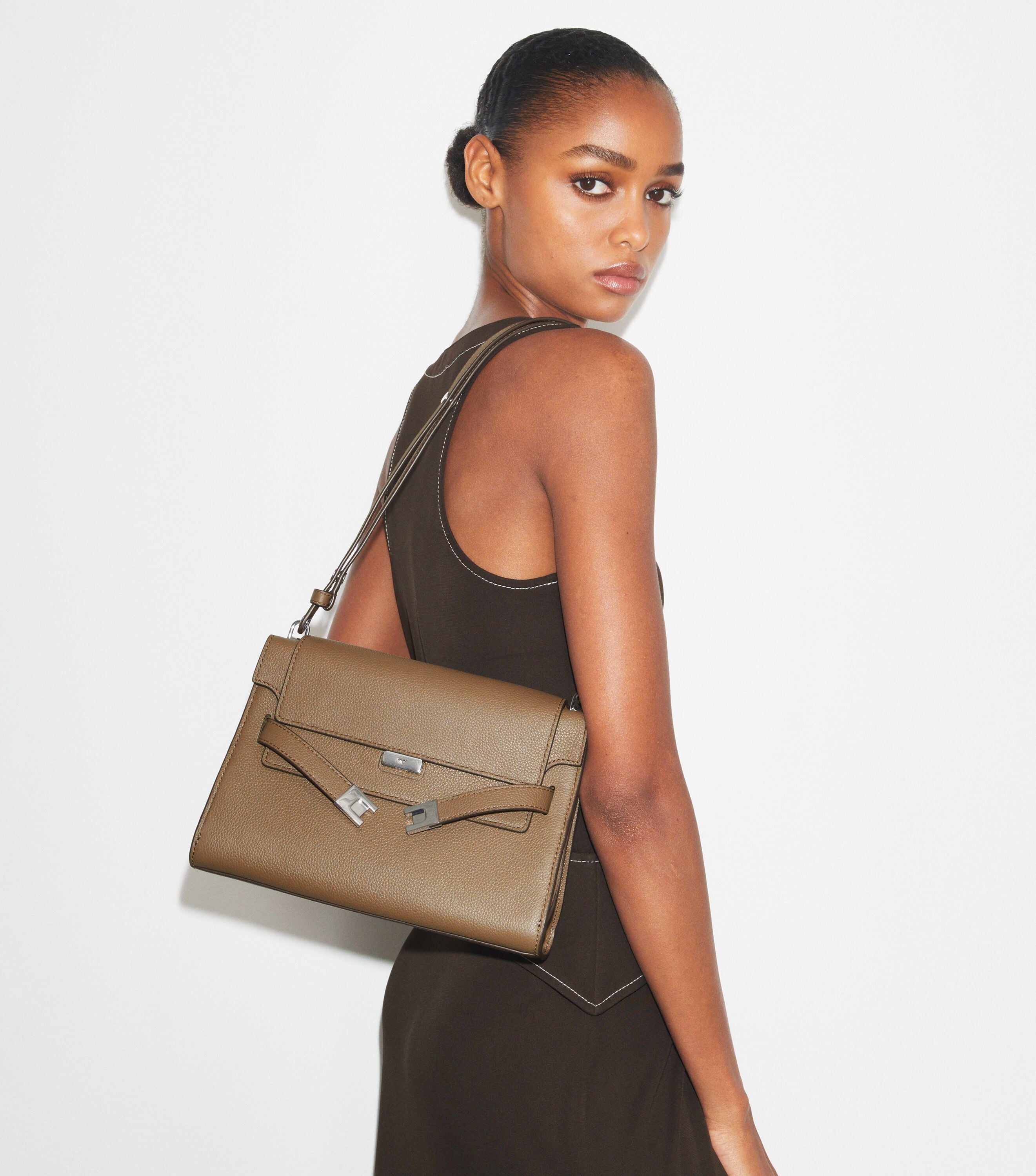 Lee Radziwill Pebbled Shoulder Bag, Wild Mushroom | Tory Burch KSA