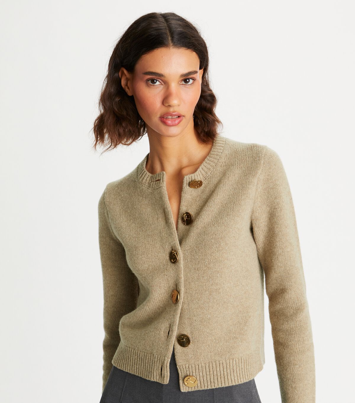 tory burch logo button wool cardigan