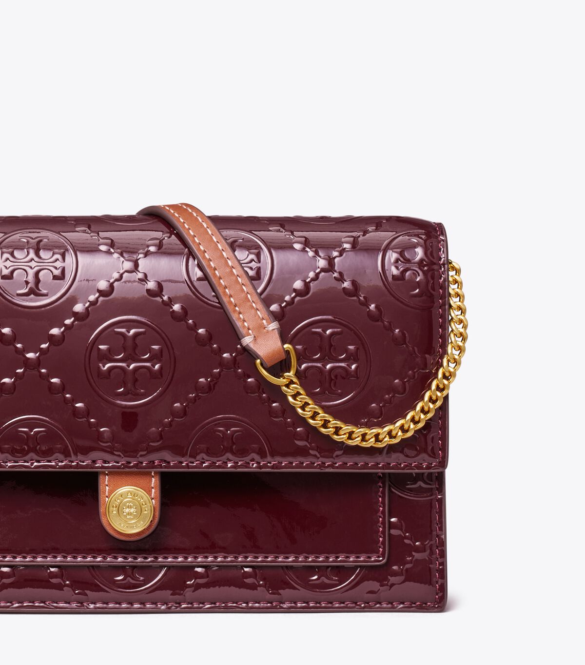 tory burch t monogram patent embossed chain wallet
