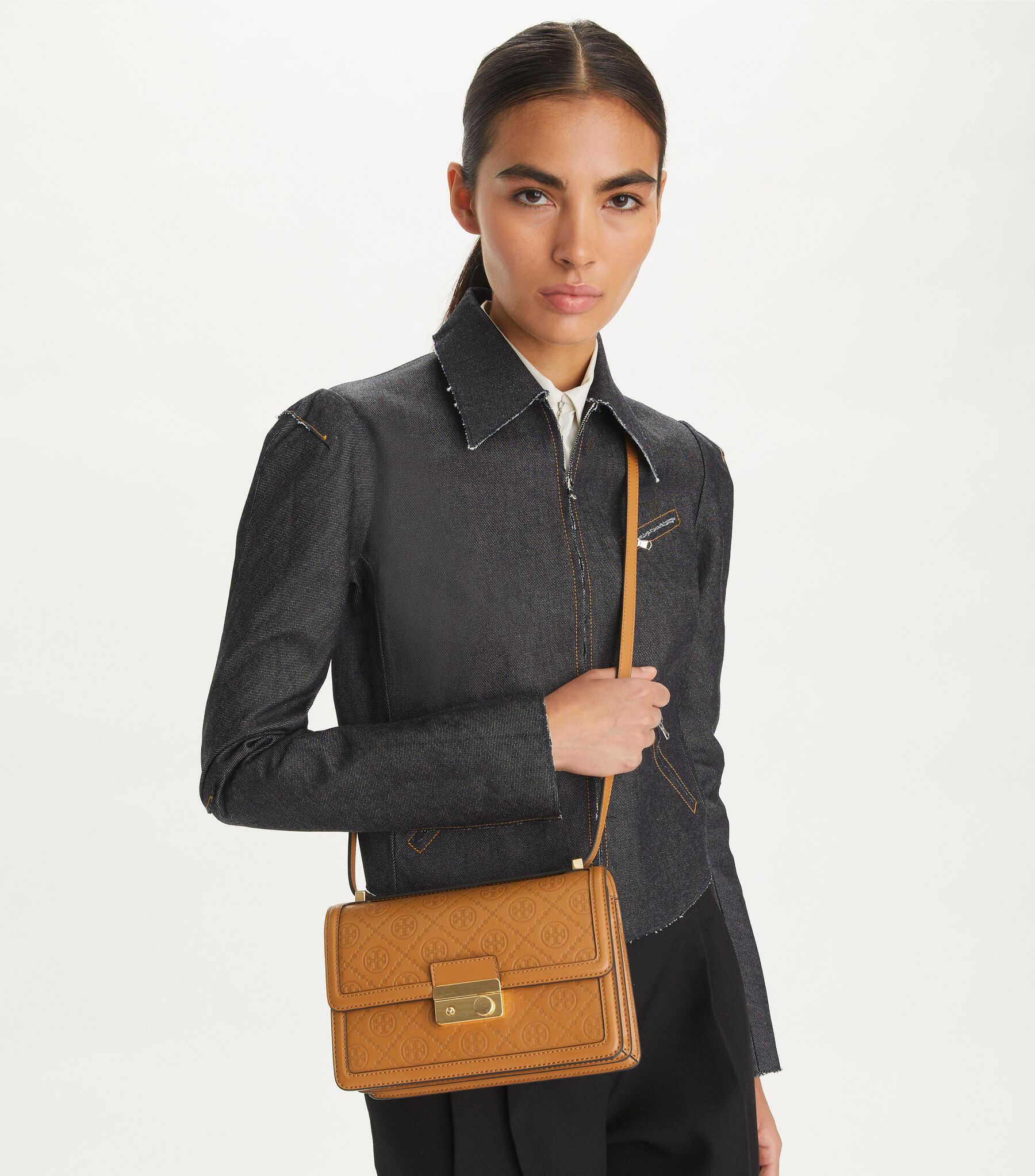 T Monogram Leather Shoulder Bag, Tan Tory Burch KSA