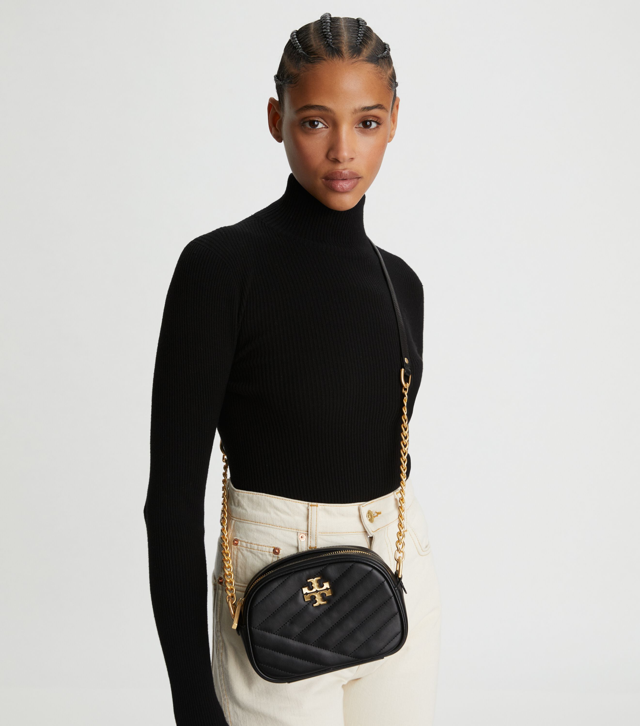 Kira Chevron Small Camera Bag, Black / Rolled Brass | Tory Burch KSA