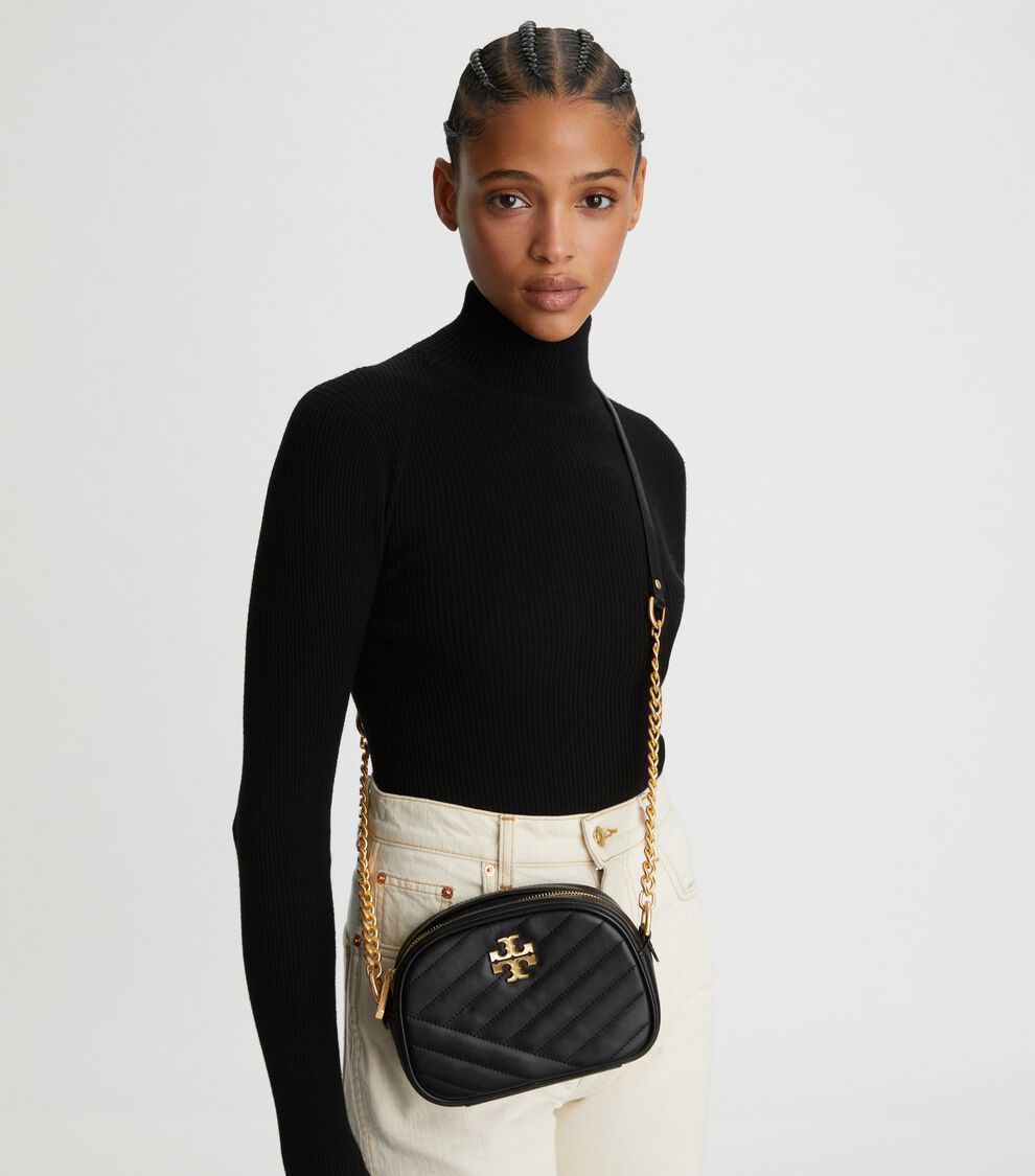 Kira Chevron Small Camera Bag, Black / Rolled Brass | Tory Burch KSA
