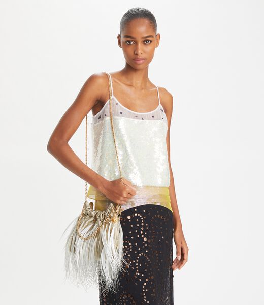 tory burch mini fleming feather drawstring bag