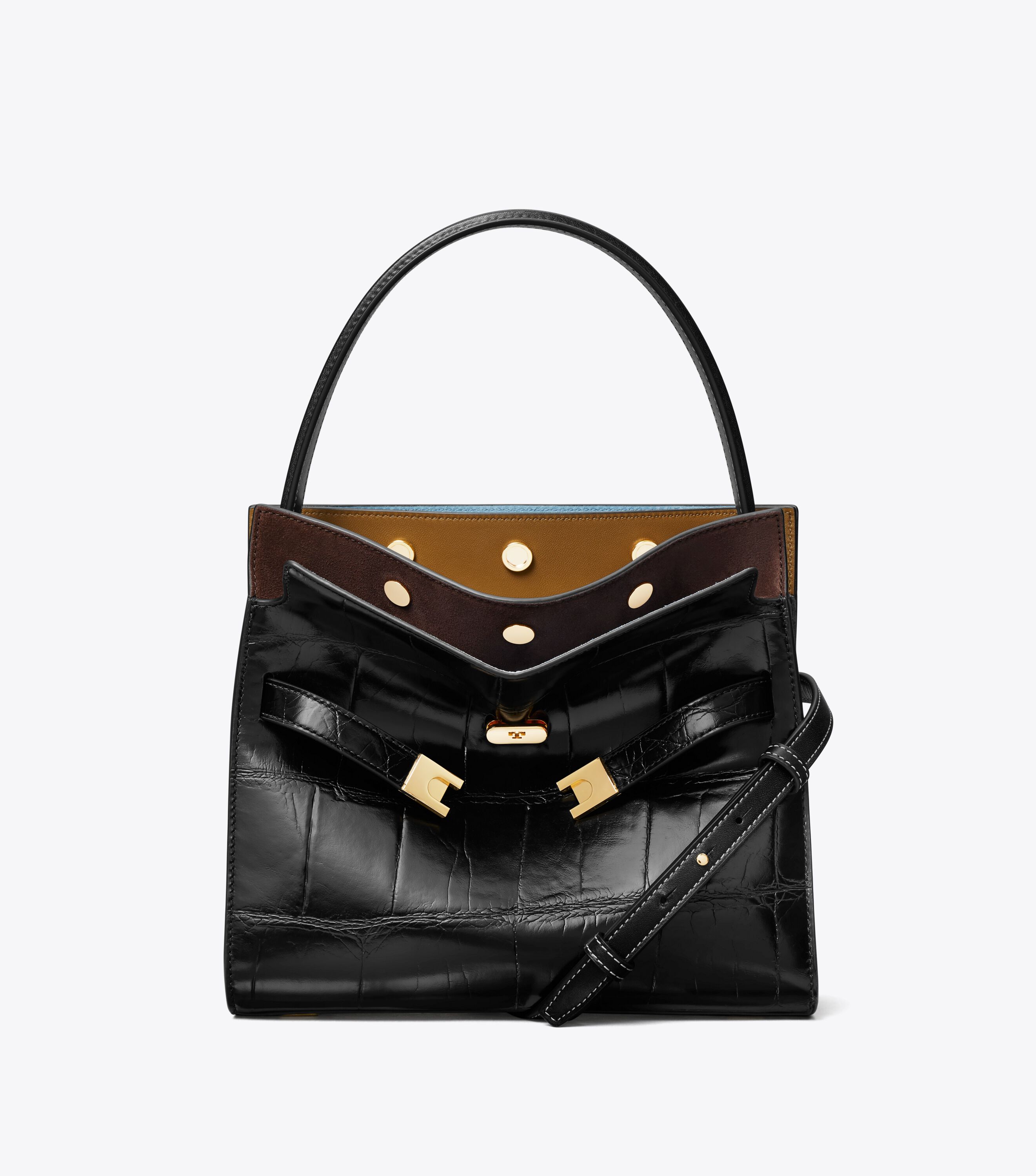 Small Lee Radziwill Croc-Embossed Double Bag, Black | Tory