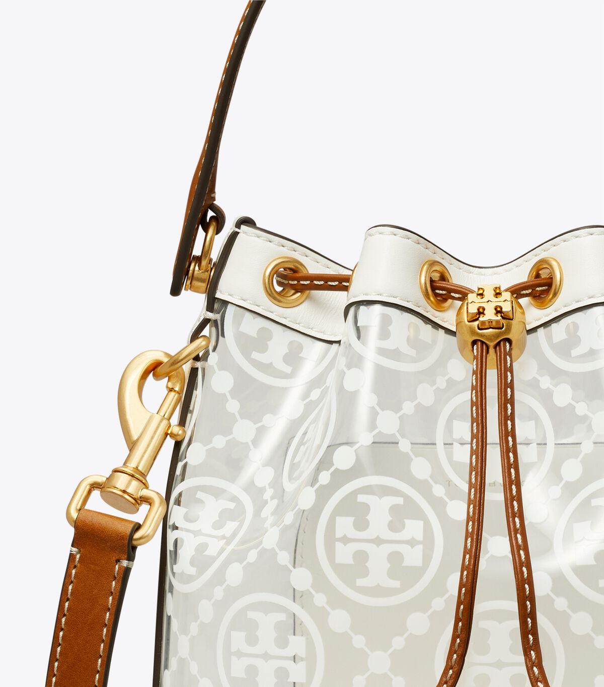 tory burch t monogram clear bucket bag