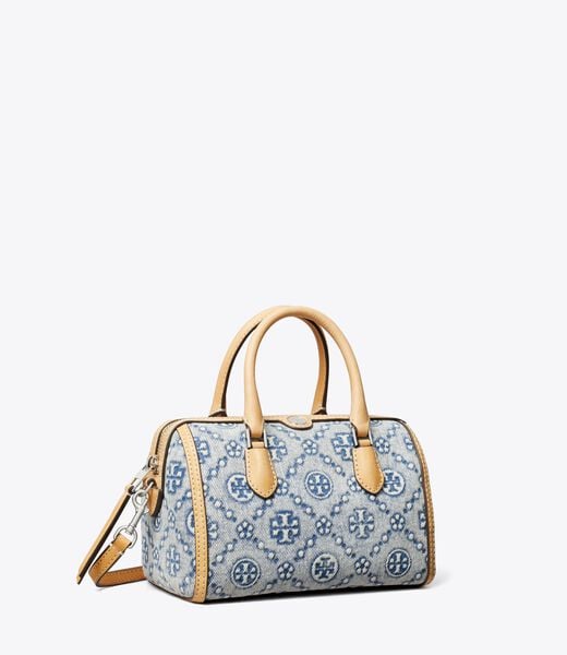 tory burch حقيبة برميل صغيرة من الدنيم بنقشة t مونوغرام