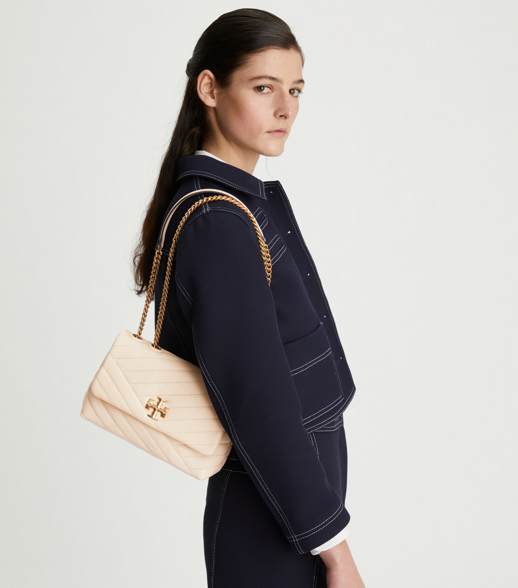 Small Kira Chevron Convertible Shoulder Bag, New Cream Tory