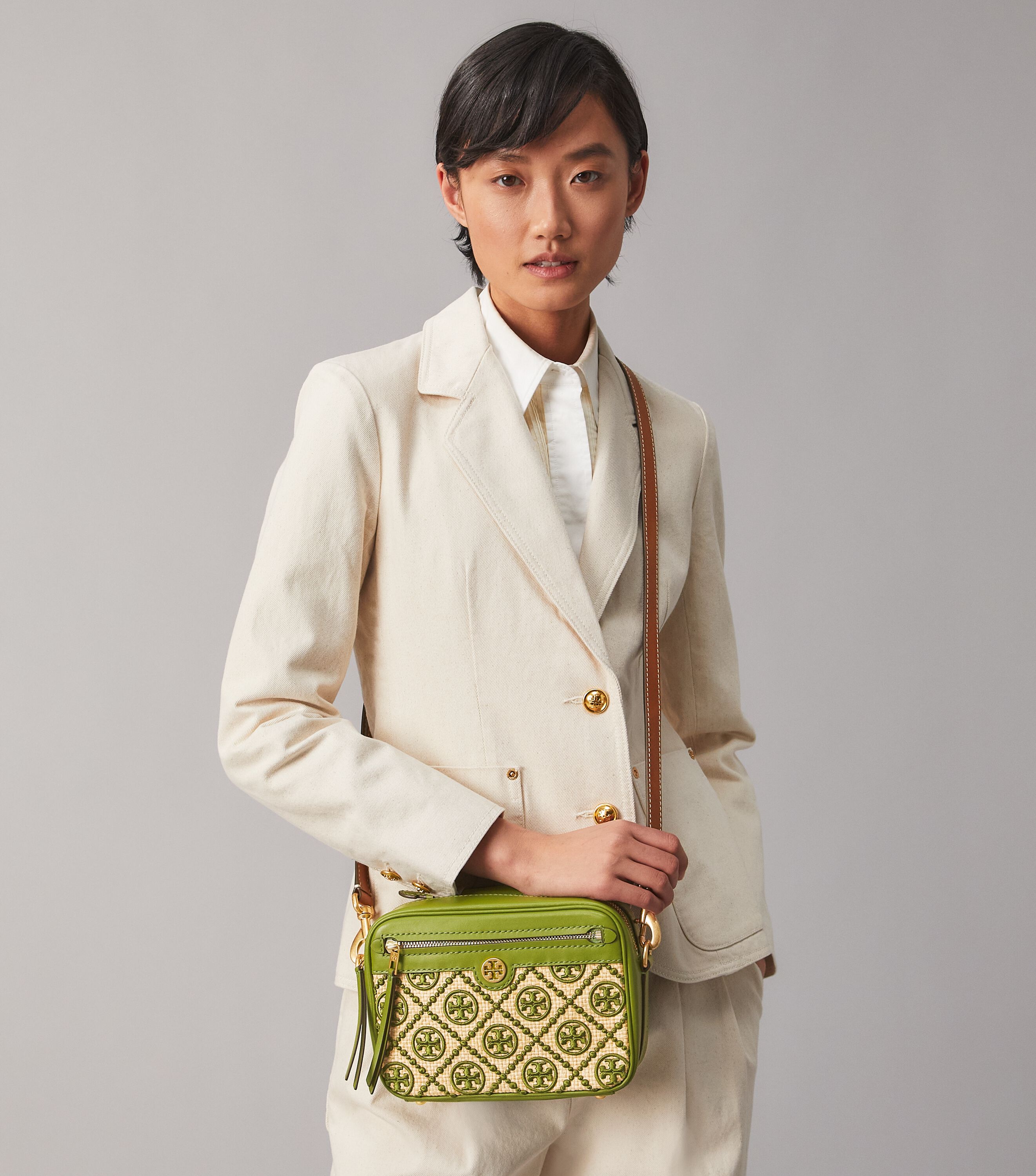 T Monogram Straw Camera Bag