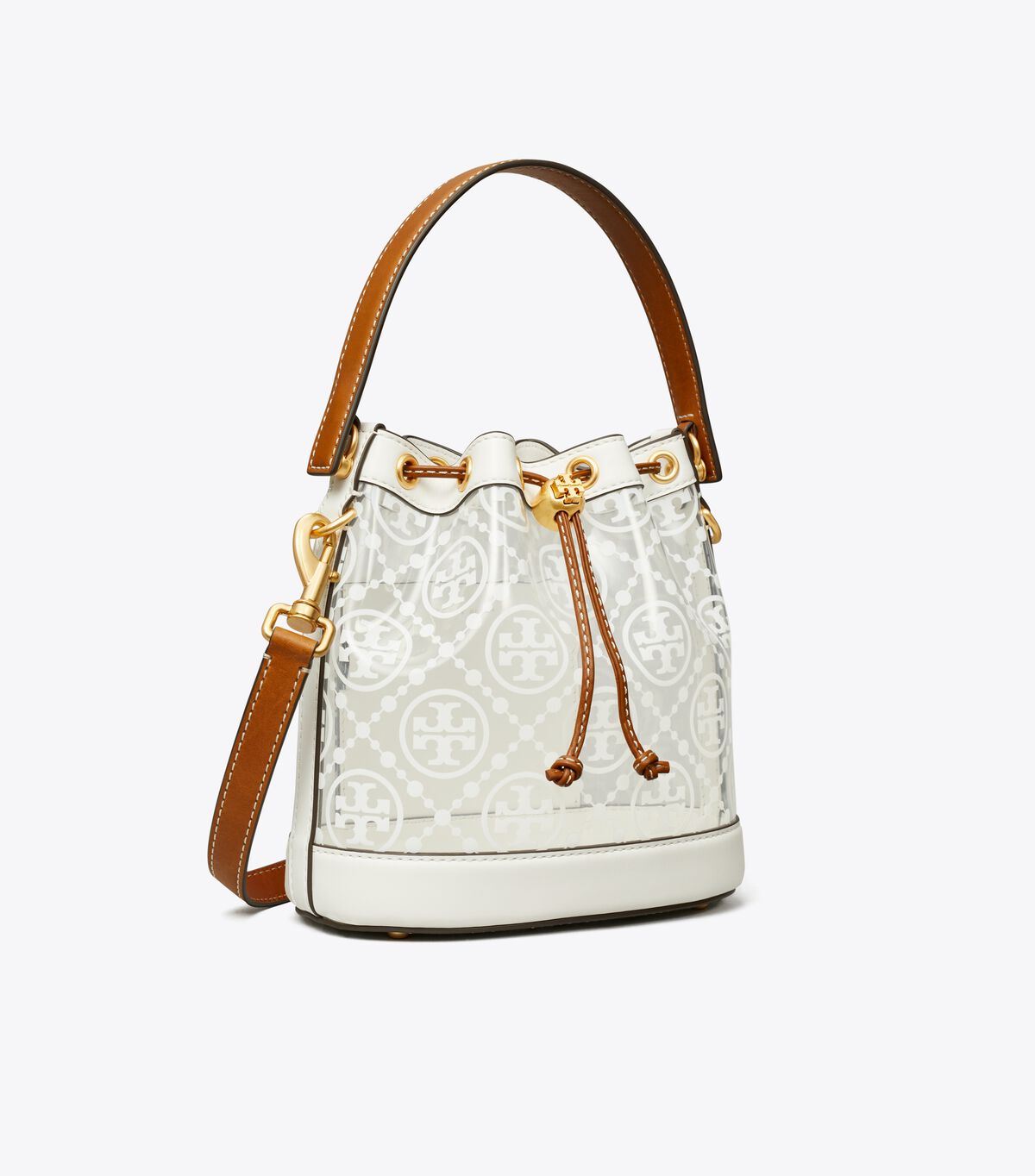 tory burch t monogram clear bucket bag