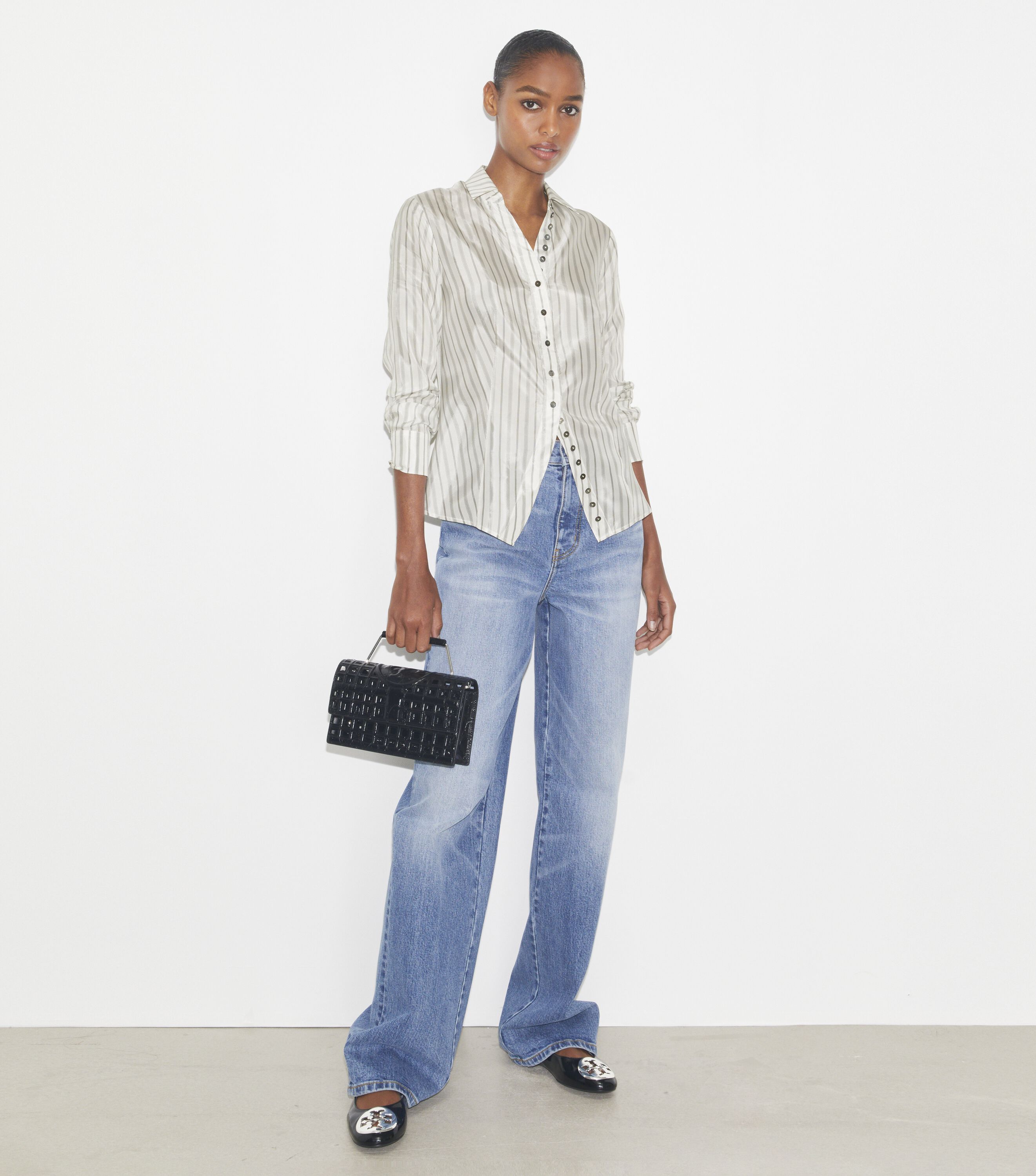 Cinched Shirt, White/Gray/Black Helios Striped Lining | Tory Burch KSA