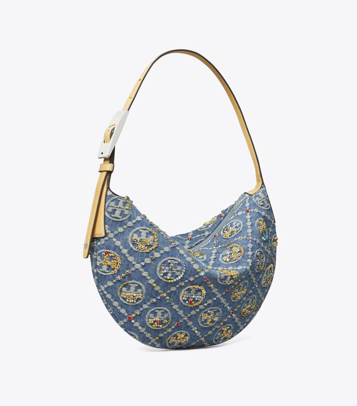 tory burch t monogram denim embellished small balloon bag