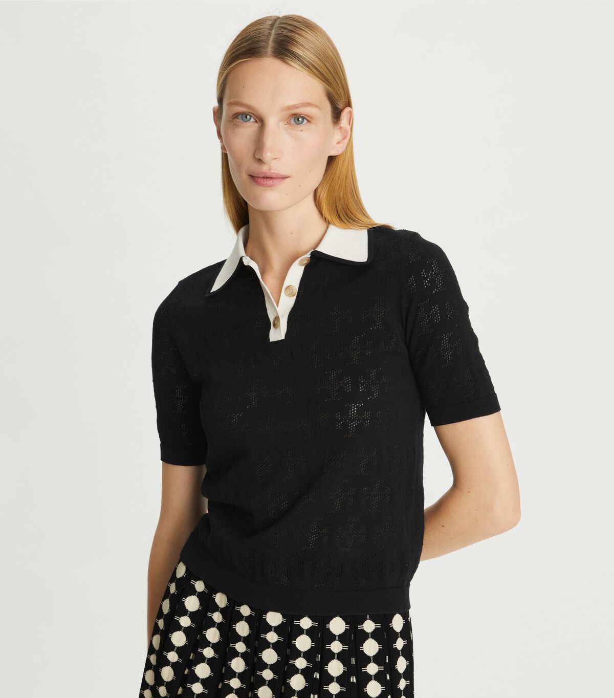 tory burch t monogram cotton pointelle polo