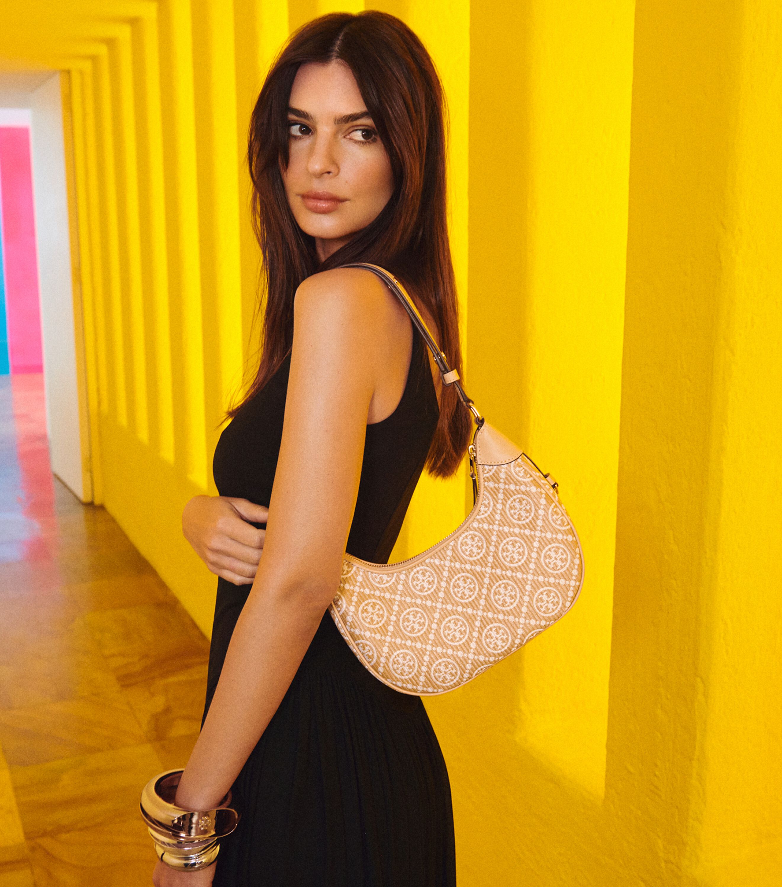 T Monogram Raffia Crescent Bag