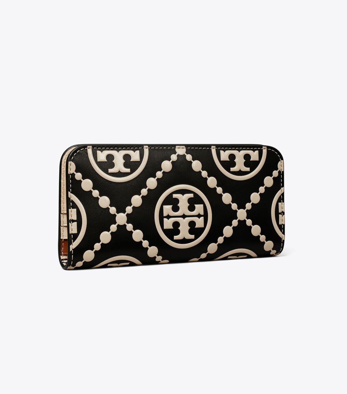 T Monogram Contrast Embossed Zip Slim Wallet