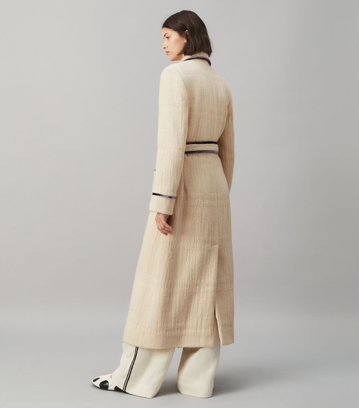 Velvet Trim Wool Wrap Coat