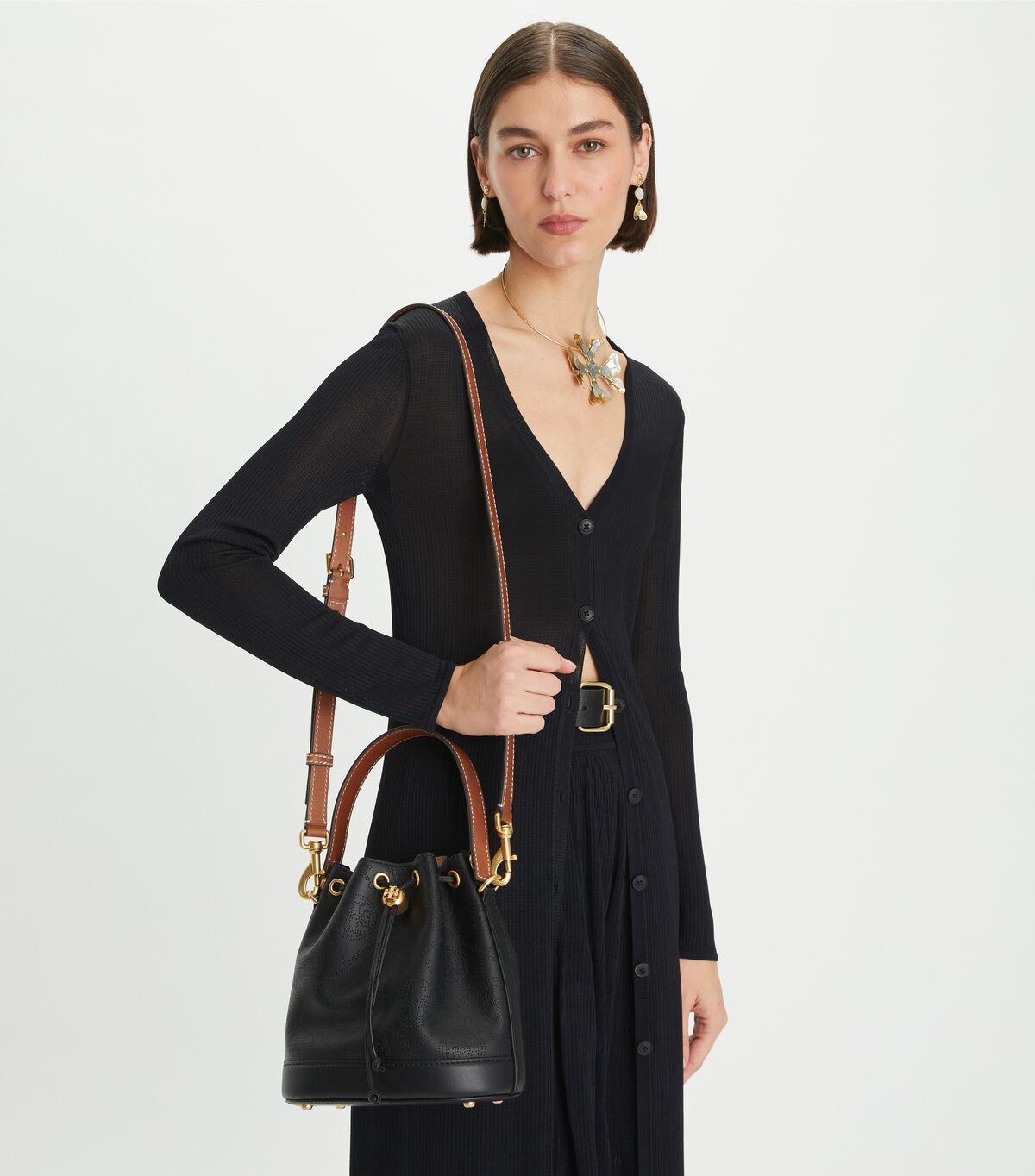 tory burch t monogram perforated bucket bag