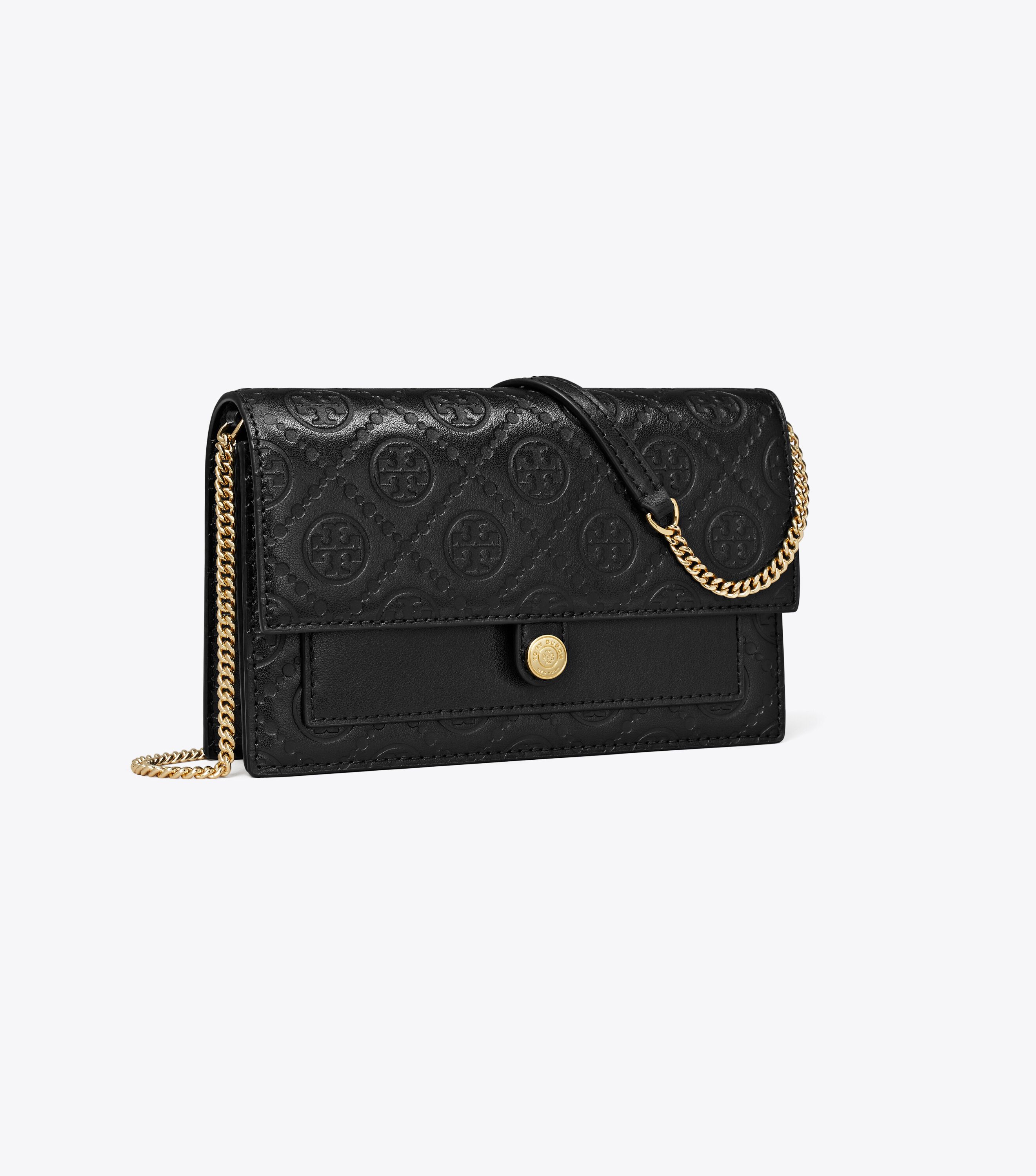 T Monogram Leather Chain Wallet, Black | Tory Burch KSA